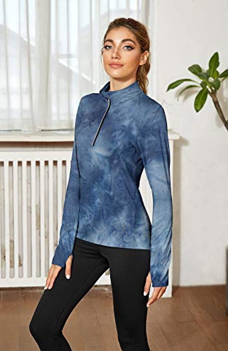 Dames sport T-shirt met lange mouwen training fitness kleding 1/4  ritssluiting loopshirt met duimgat Happygetfit | Webshoplocatie.nl