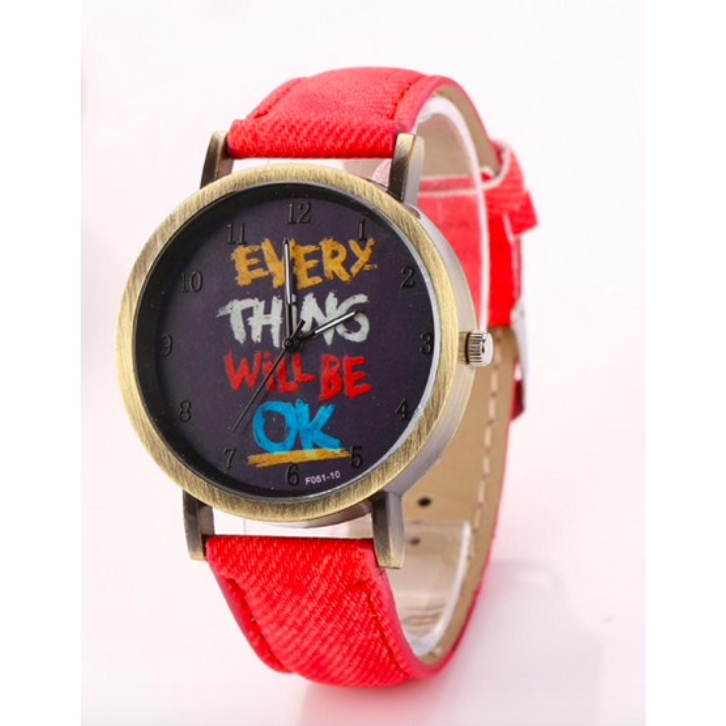 Hidzo Horloge Every Thing Will Be Ok ø 37 mm - Rood - Kunstleer