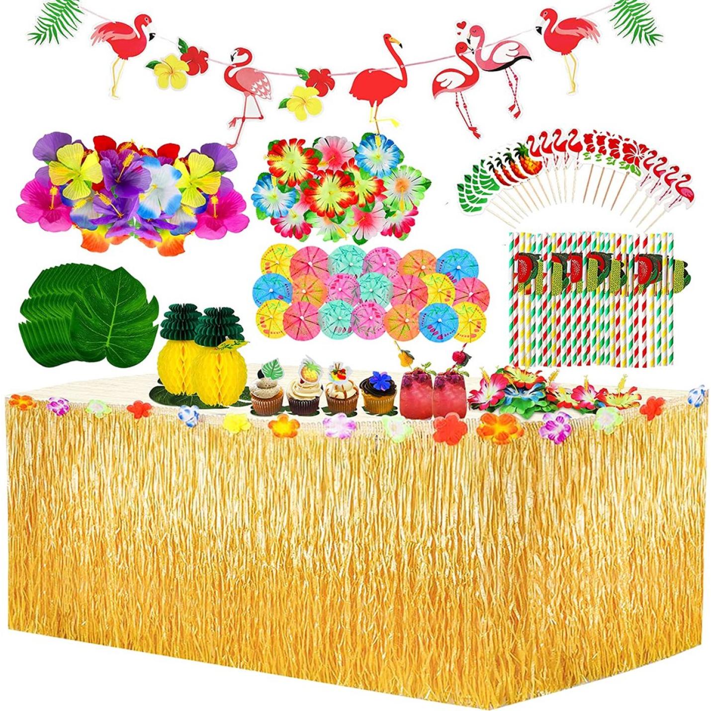 Feestdecoratieset | 109-delig | Hawaii Tafelrok | Palmbladeren | Herbruikbaar | Cocktailparaplu | Rietjes | Bloemen | Kunststof | Zomerfeest | Themafeest 1