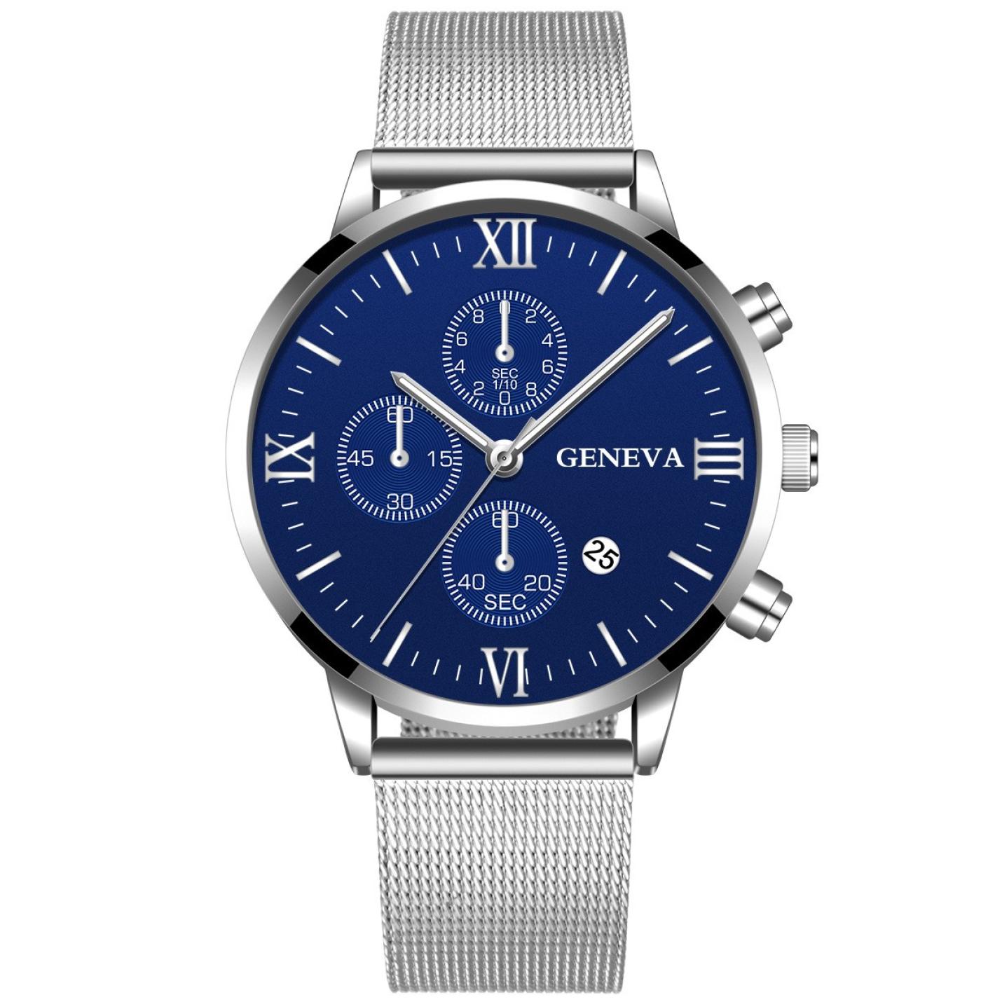 Hidzo Horloge Geneva Ø 41 - Met Datumaanduiding - Zilver/Blauw - Staal - Inclusief Horlogedoosje