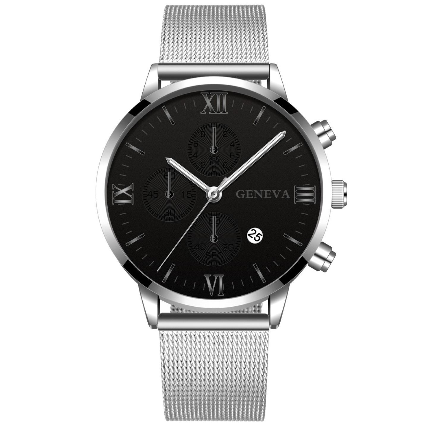 Hidzo Horloge Geneva Ø 41 - Met Datumaanduiding - Zilver/Zwart - Staal - Inclusief Horlogedoosje