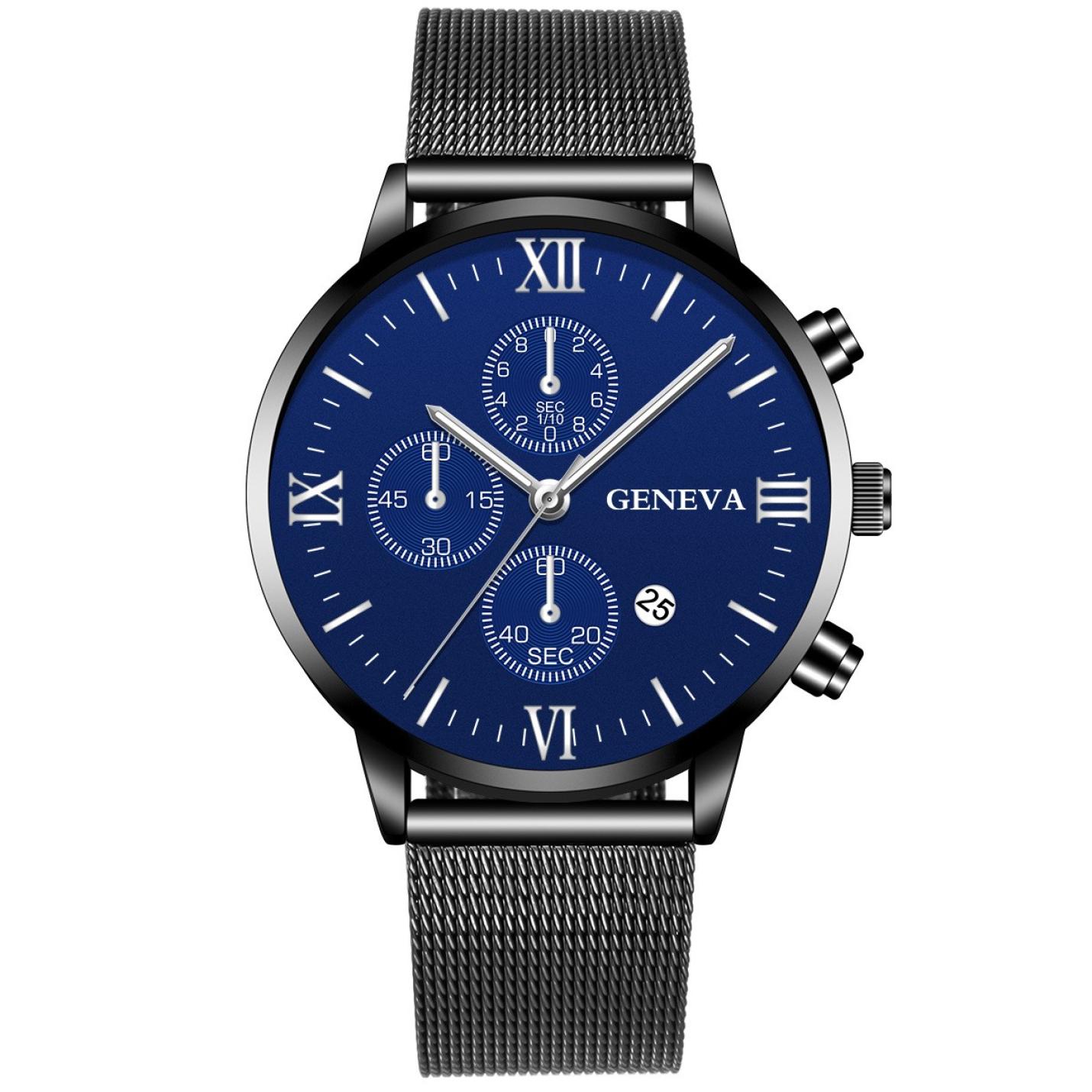 Hidzo Horloge Geneva Ø 41 - Met Datumaanduiding - Zwart/Blauw - Staal - Inclusief Horlogedoosje