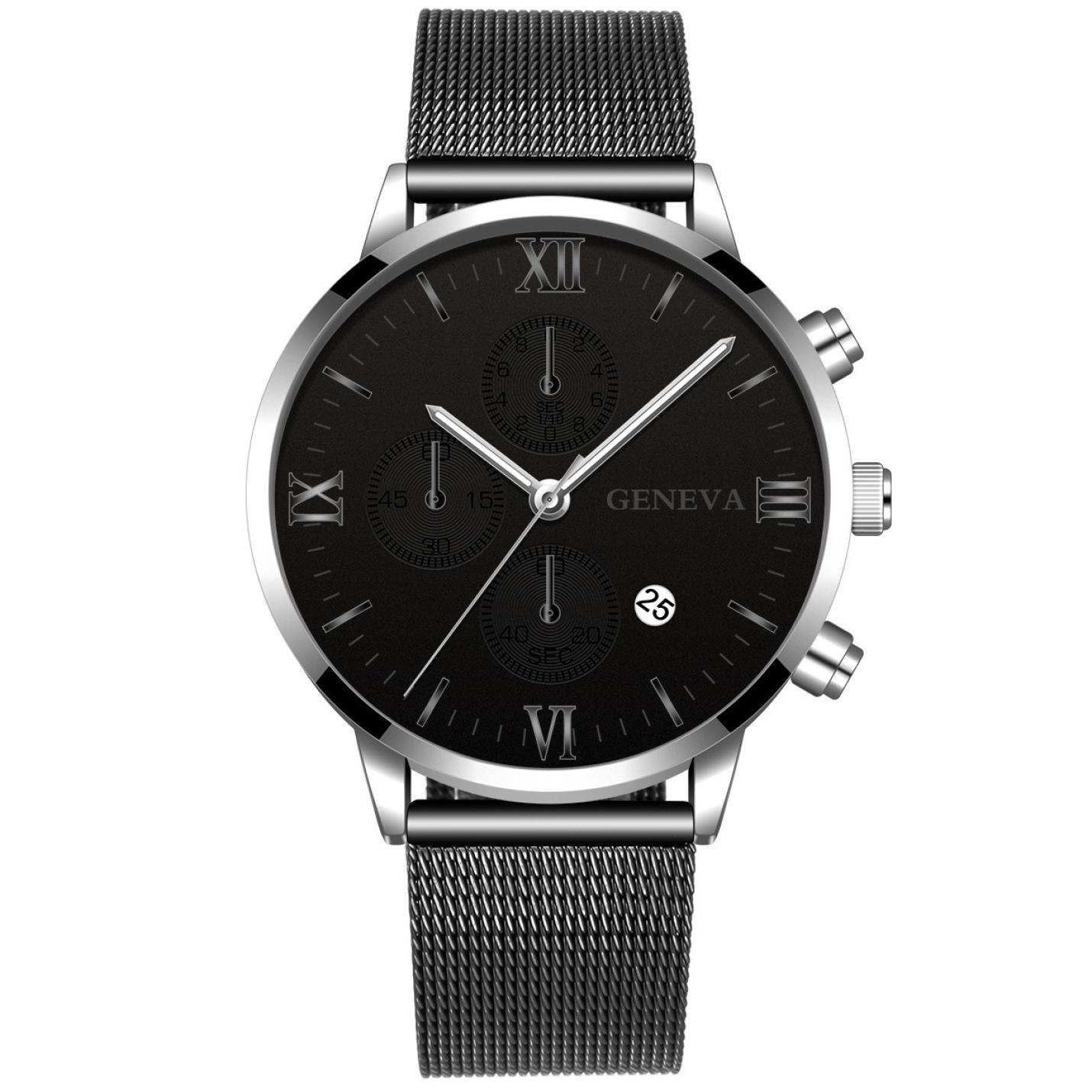Hidzo Horloge Geneva Ø 41 - Met Datumaanduiding - Zwart/Zilver - Staal - Inclusief Horlogedoosje