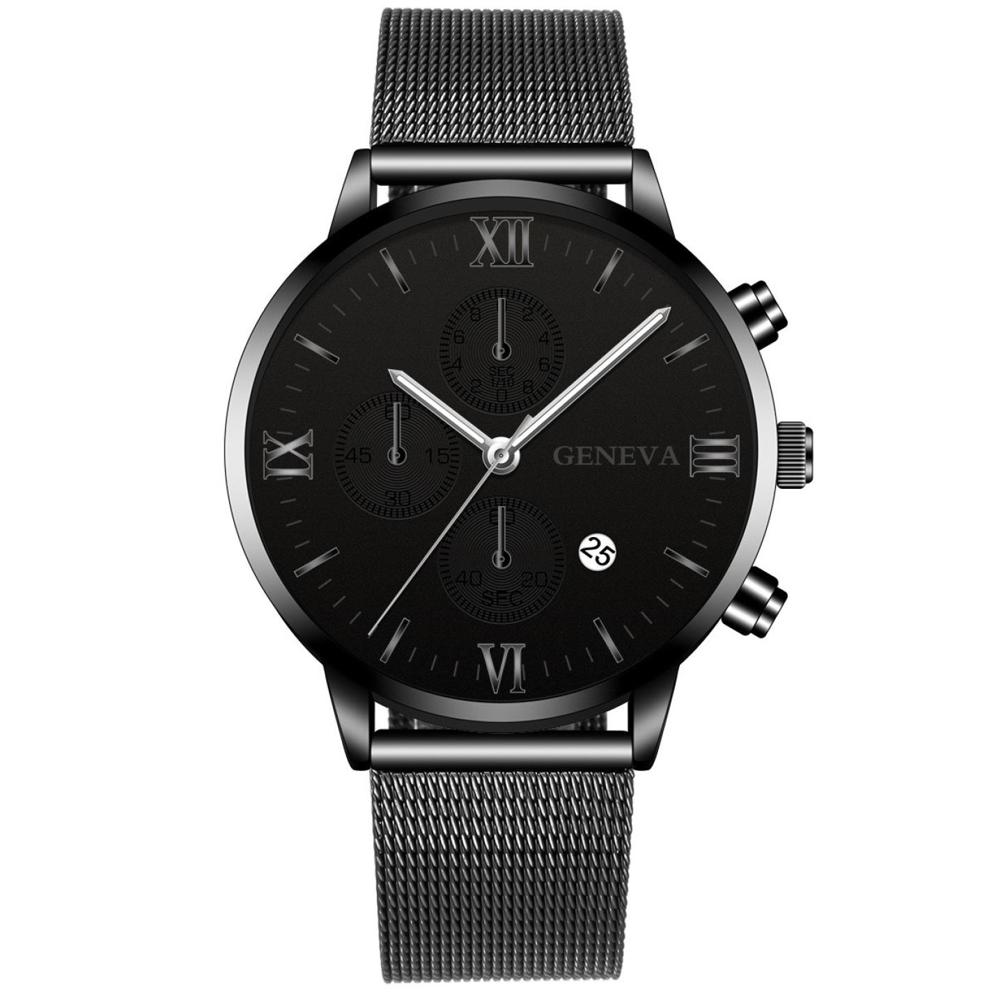 Hidzo Horloge Geneva Ø 41 - Met Datumaanduiding - Zwart - Staal