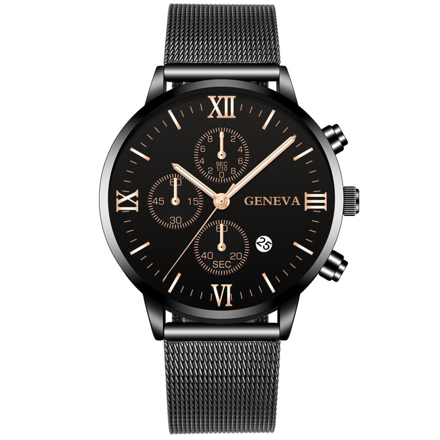 Hidzo Horloge Geneva Ø 41 - Met Datumaanduiding - Zwart/Rose Wijzers - Staal