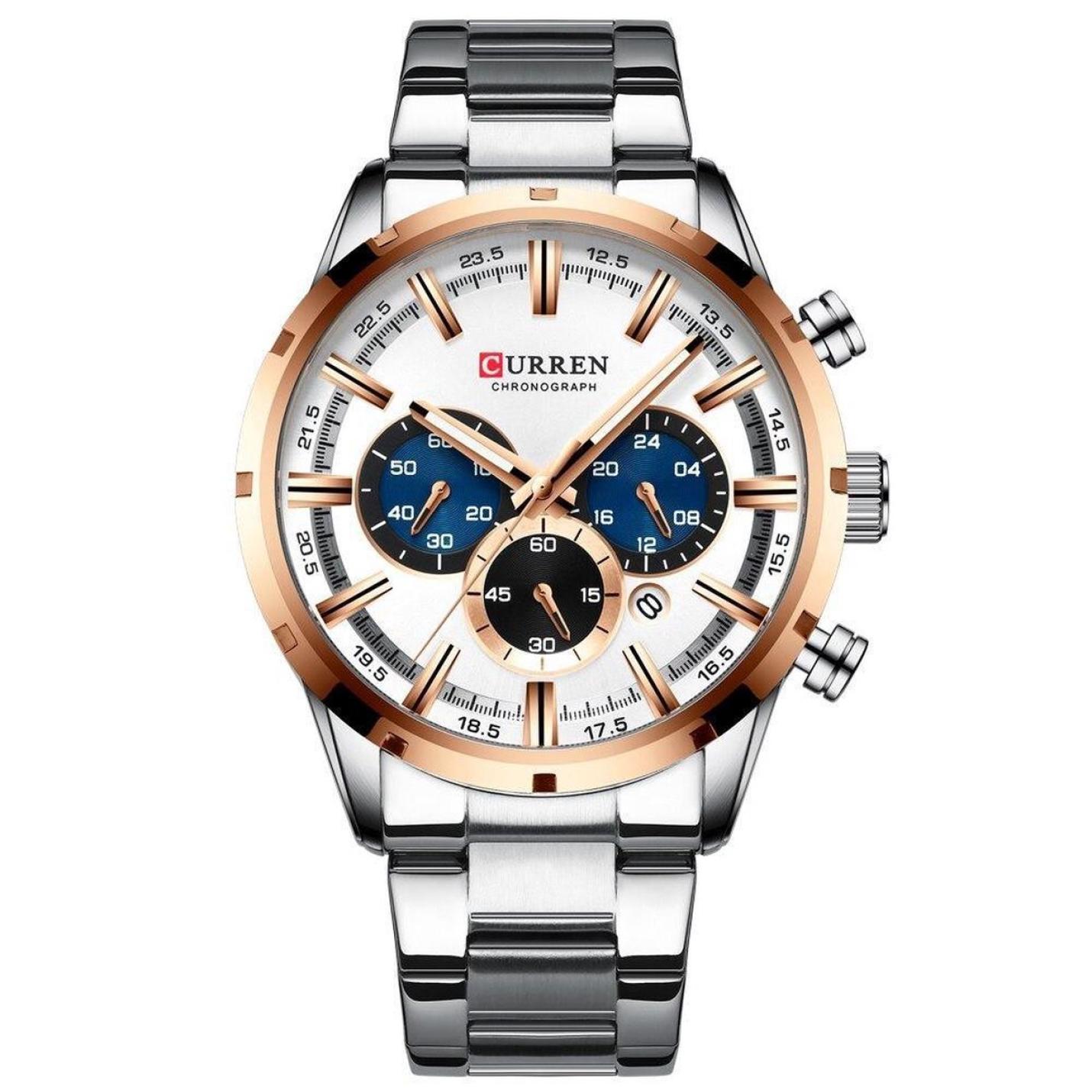 Hidzo Mannen Horloge Curren Ø 50 - Met Datumaanduiding - Zilver/Rose - Staal - Inclusief Horlogedoosje