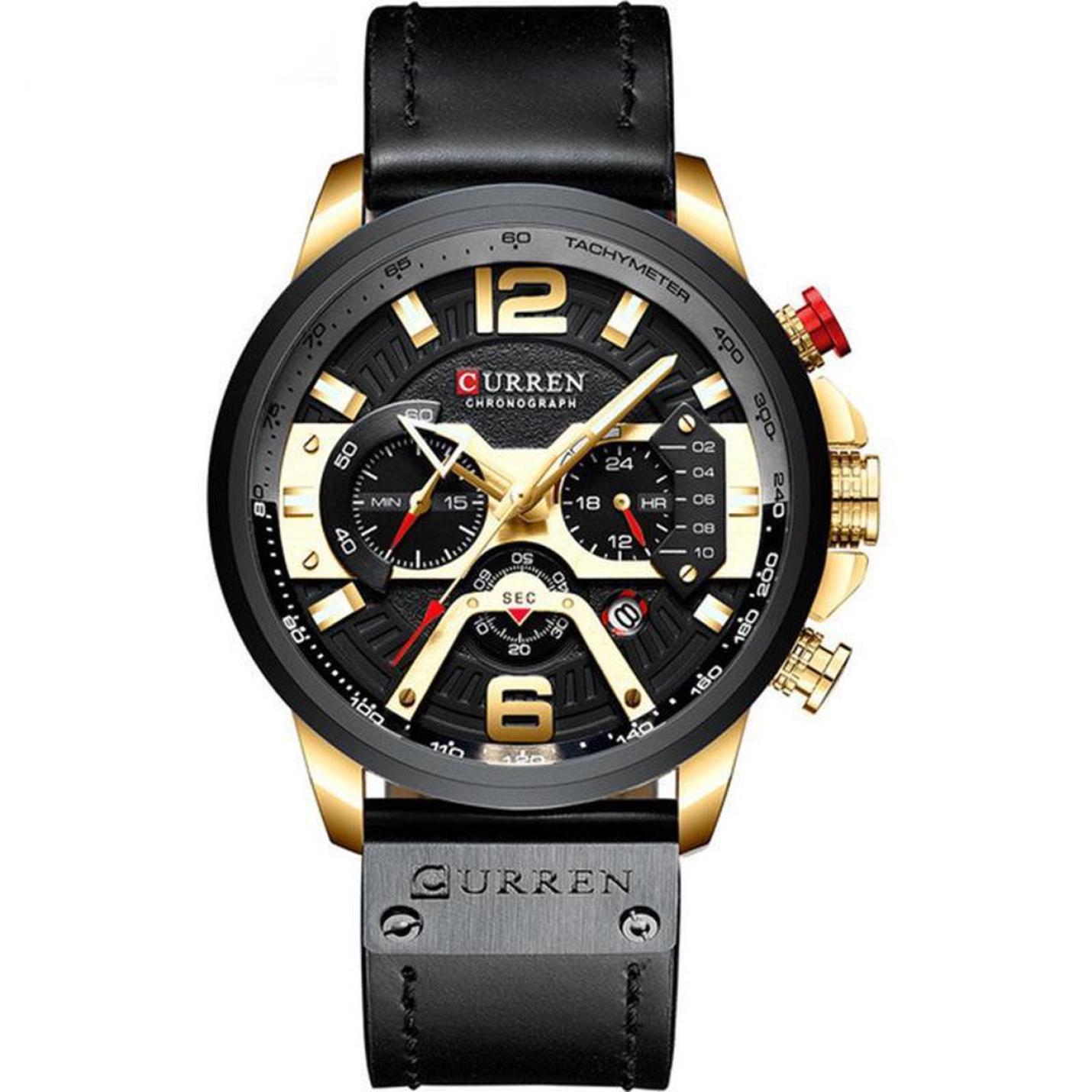 Hidzo Heren Horloge Curren Ø 50 - Met Datumaanduiding - Zwart/Goudkleurig - Kunstleer - Inclusief Horlogedoosje