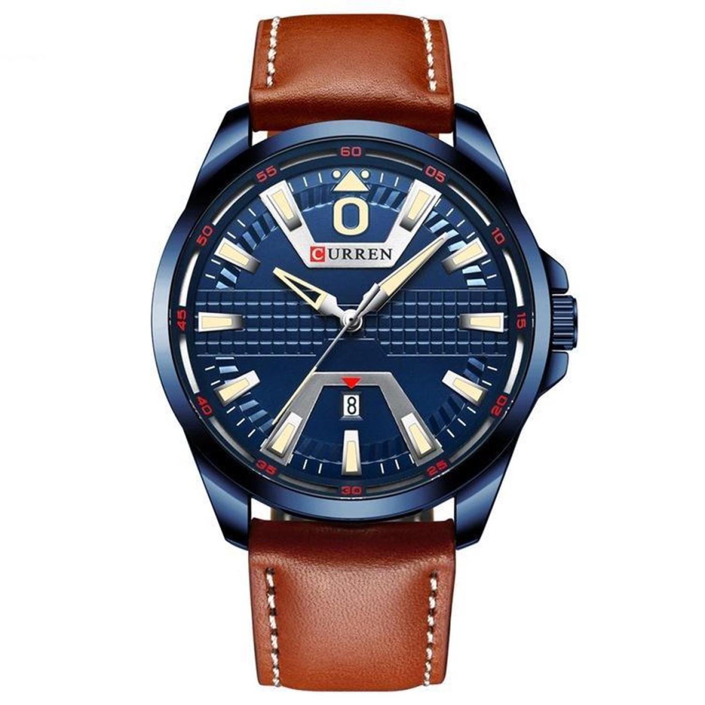Hidzo Mannen Horloge Curren Ø 50 - Met Datumaanduiding - Bruin/Blauw - Kunstleer - Inclusief Horlogedoosje
