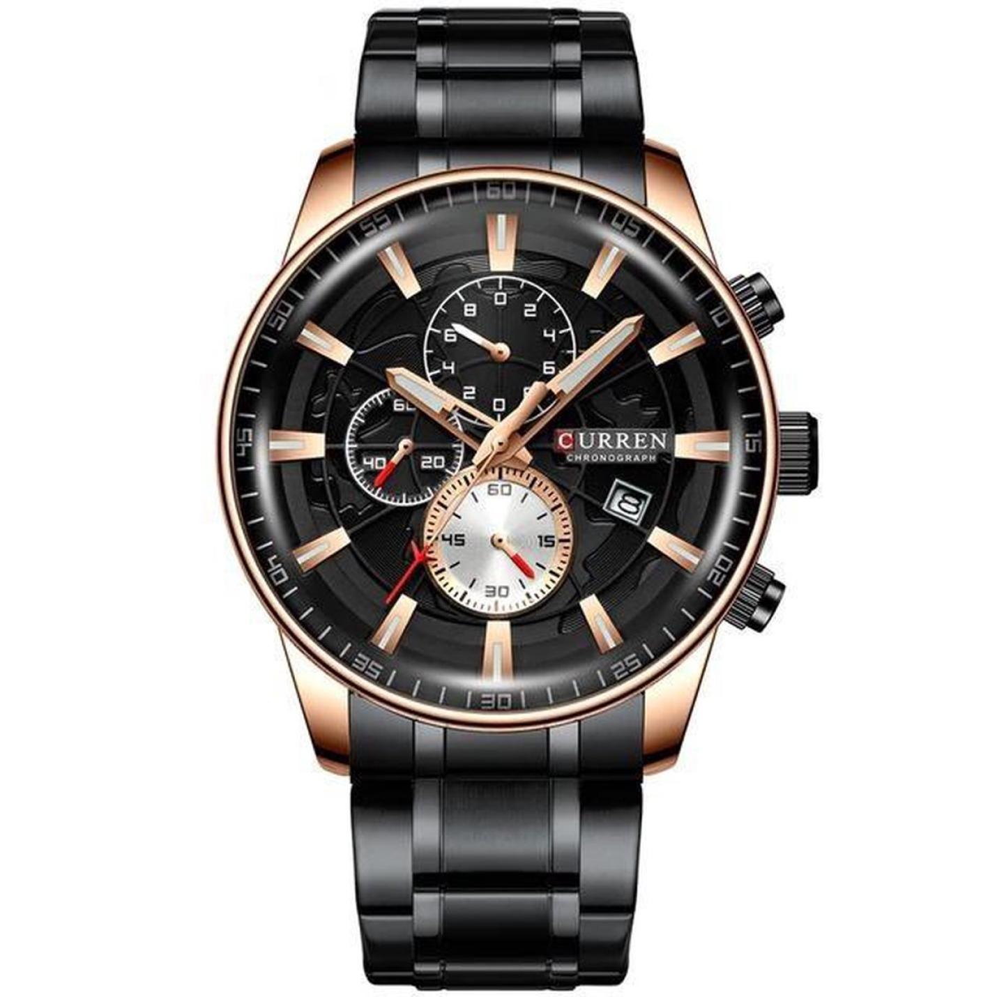 Hidzo Mannen Horloge Curren Ø 50 - Met Datumaanduiding - Zwart/Zwart/Rosé - Staal - Inclusief Horlogedoosje