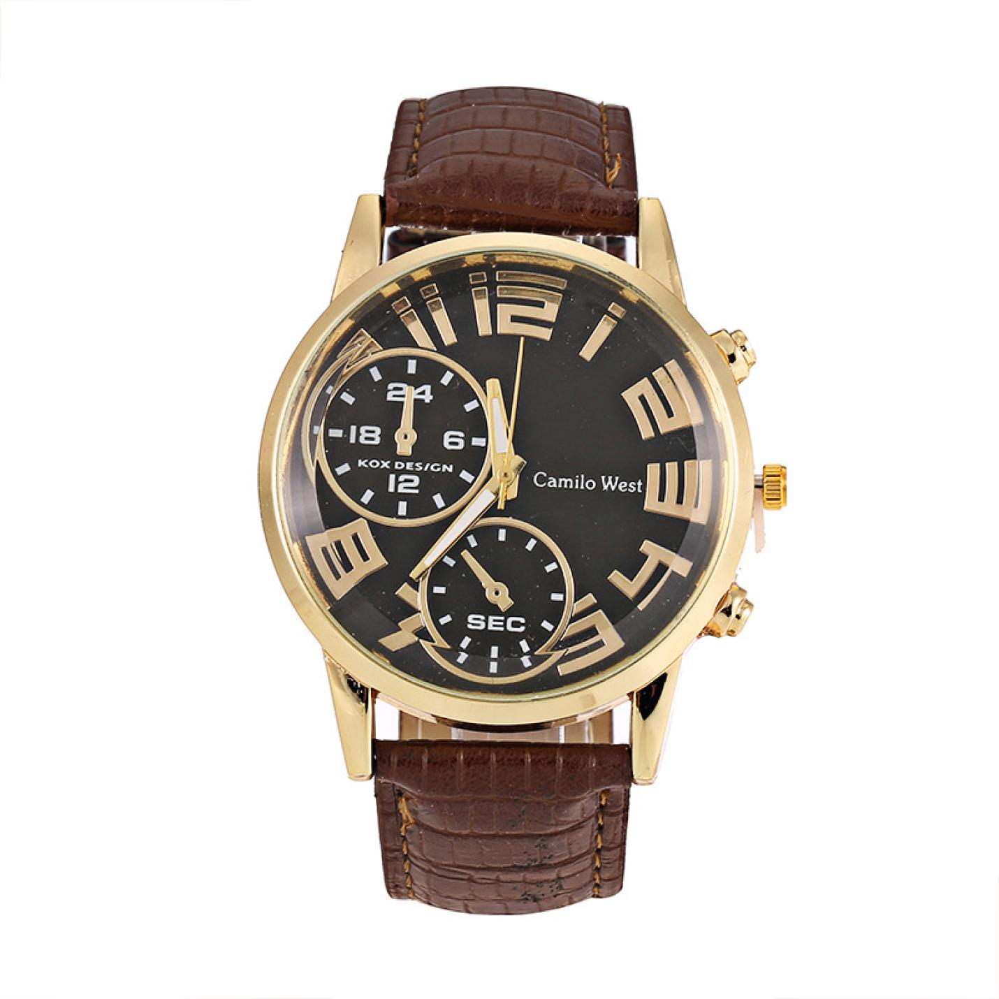 Hidzo Horloge Camilo West Ø 43 - Bruin/Zwart/Goud - Kunstleer