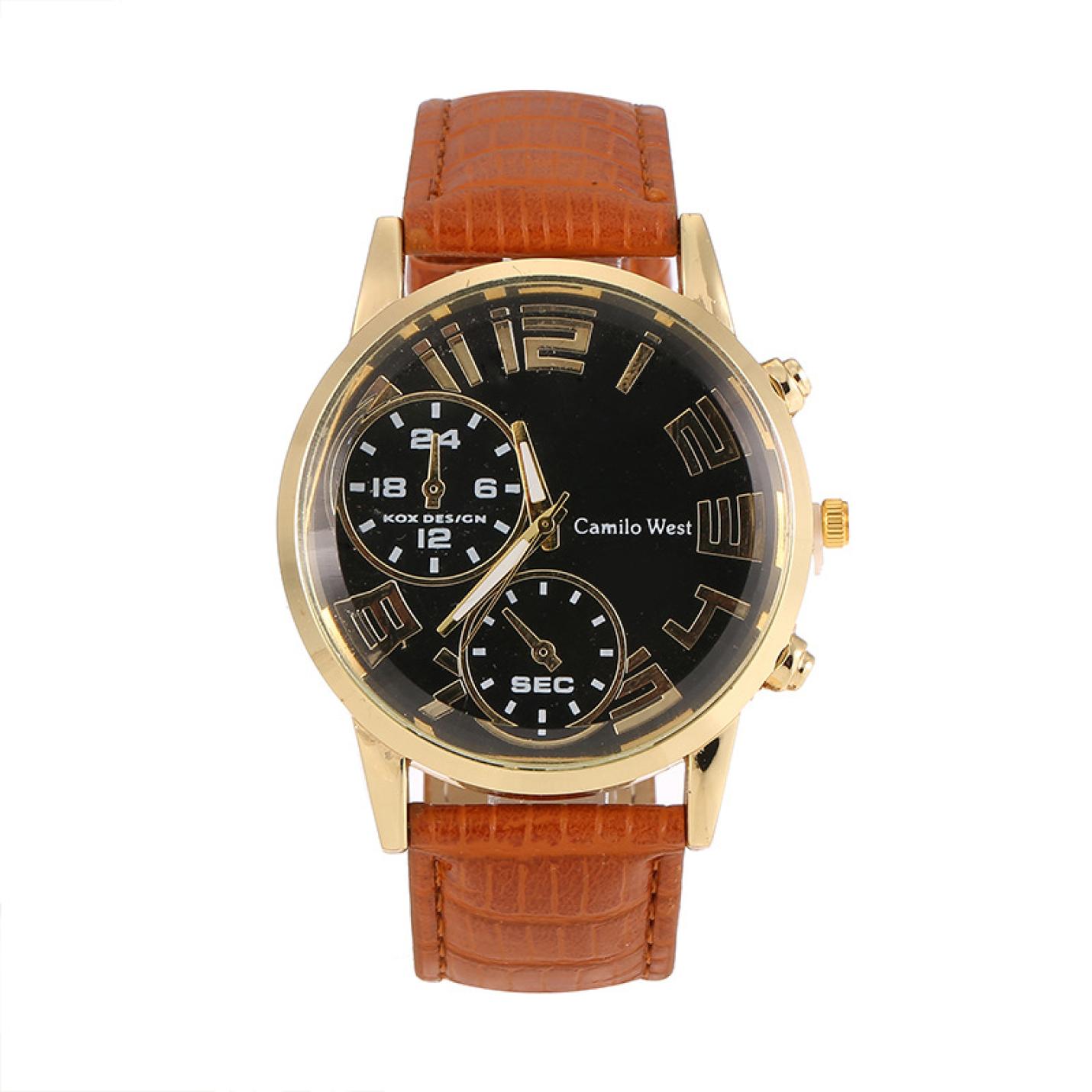 Hidzo Horloge Camilo West Ø 43 - Cognac/Zwart/Goud - Kunstleer