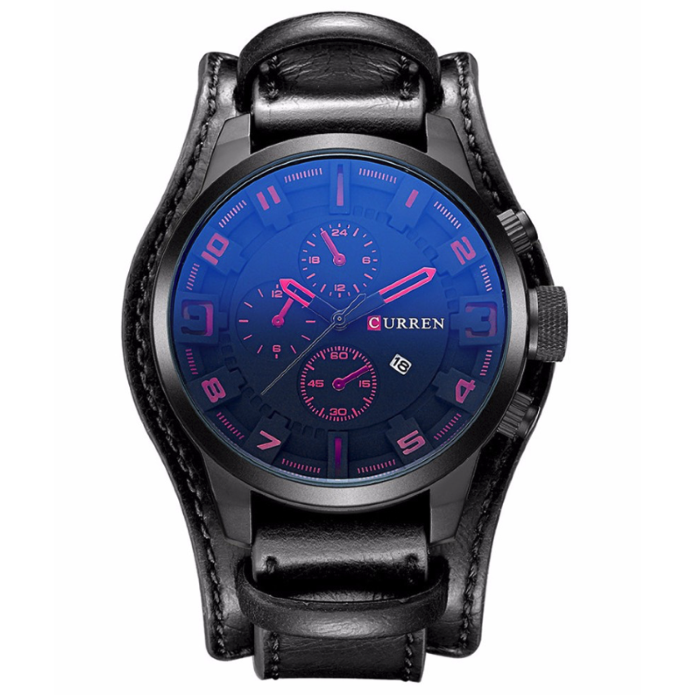 Hidzo Horloge Curren Blauwe Gloed Ø 47 - Zwart/Roze- Kunstleer