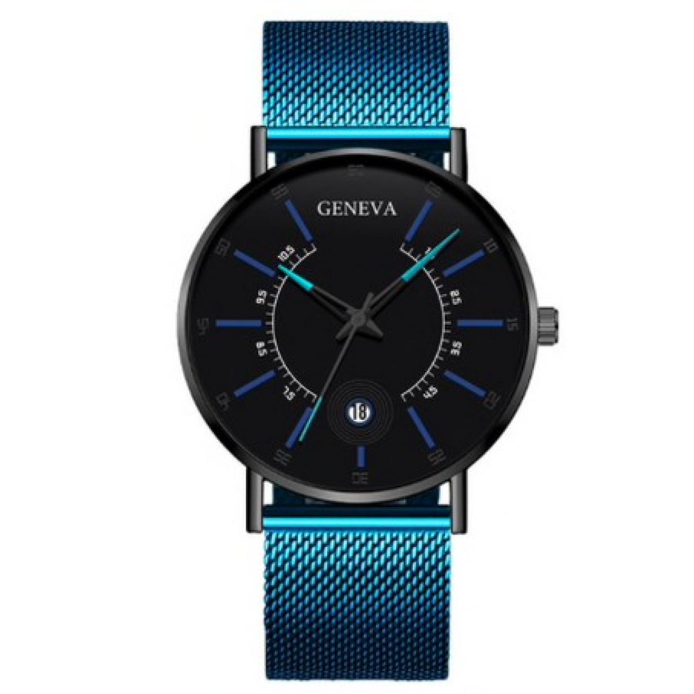 Hidzo Horloge Geneva - Met Datumaanduiding - ø 40 mm - Blauw/Blauw - Staal