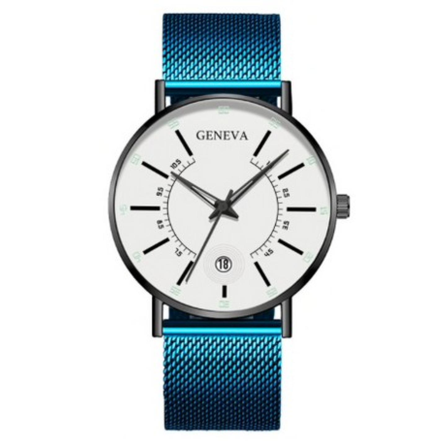Hidzo Horloge Geneva - Met Datumaanduiding - ø 40 mm - Blauw/Wit - Staal
