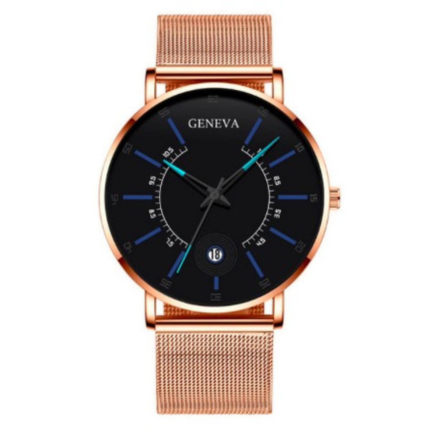 Hidzo Horloge Geneva - Met Datumaanduiding - ø 40 mm - Rose-Goud/Blauw - Staal