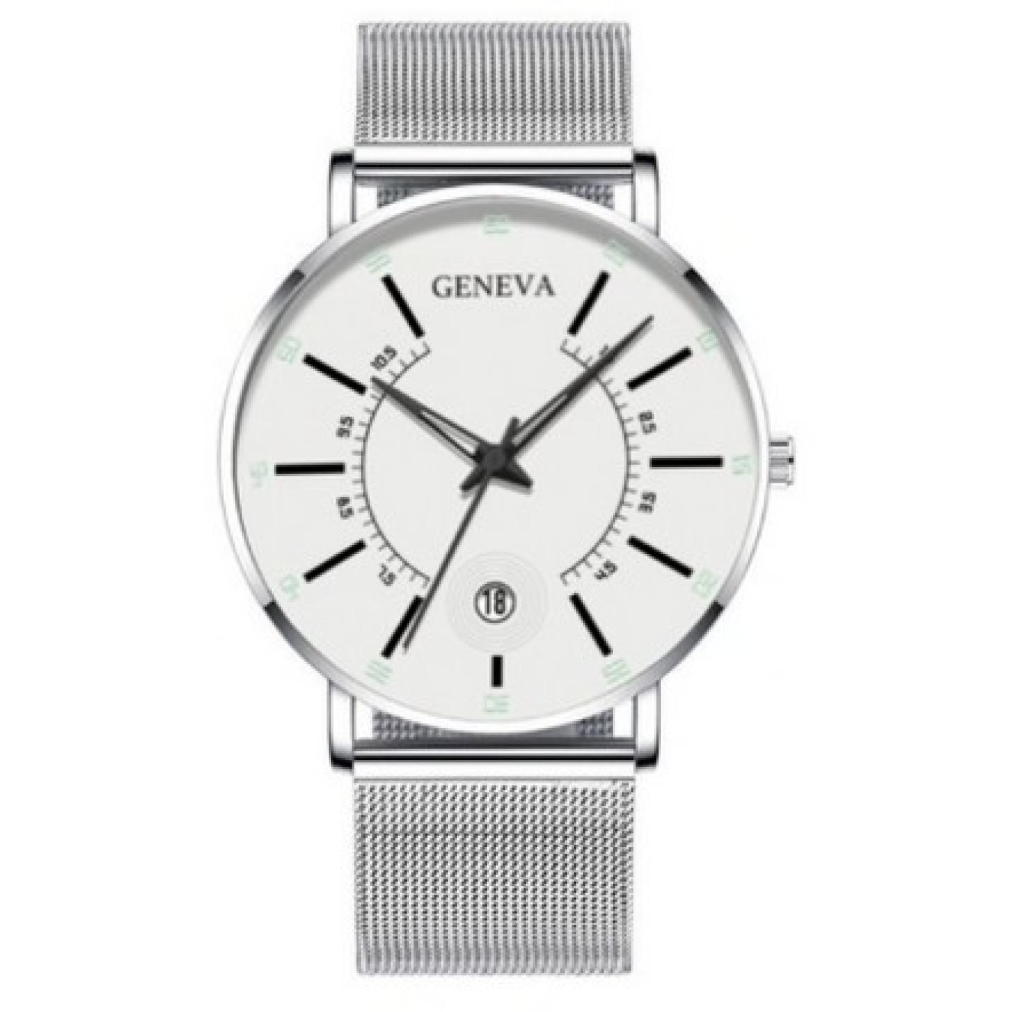 Hidzo Horloge Geneva - Met Datumaanduiding - ø 40 mm - Zilver/Wit - Staal