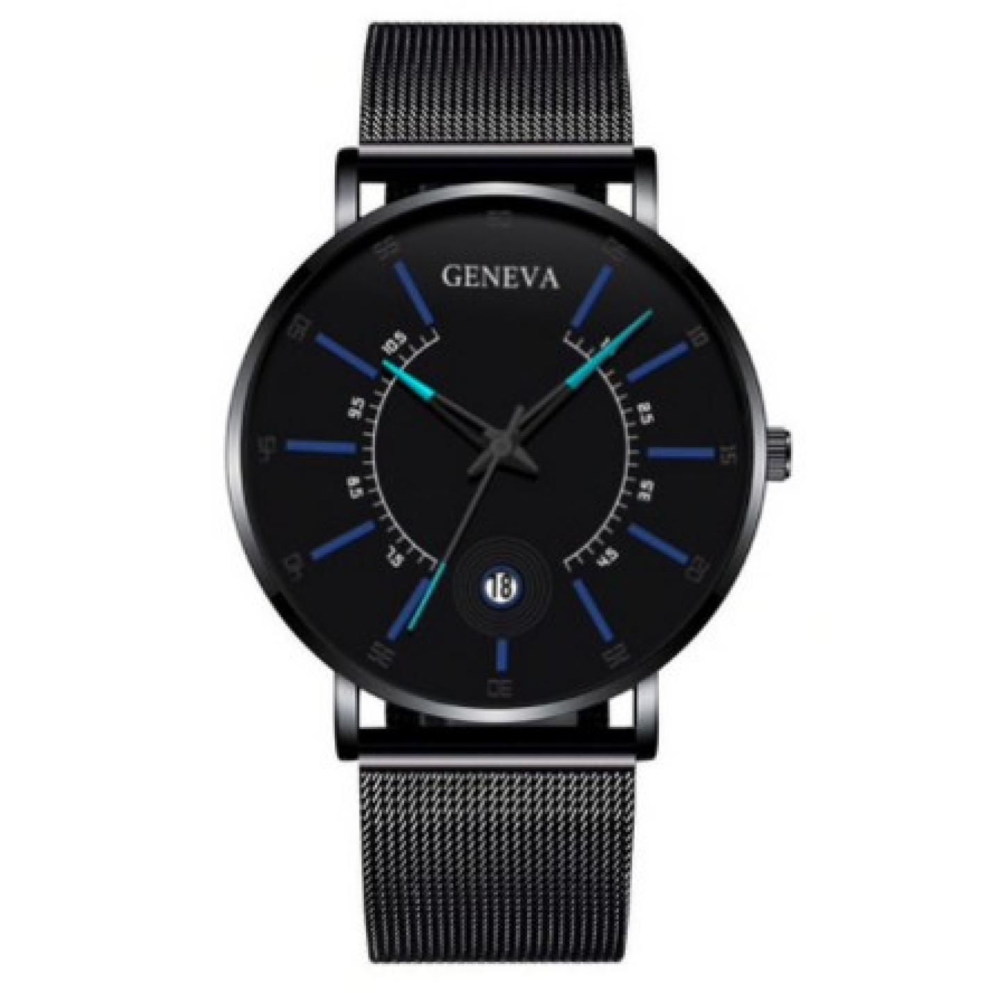 Hidzo Horloge Geneva - Met Datumaanduiding - ø 40 mm - Zwart/Blauw - Staal