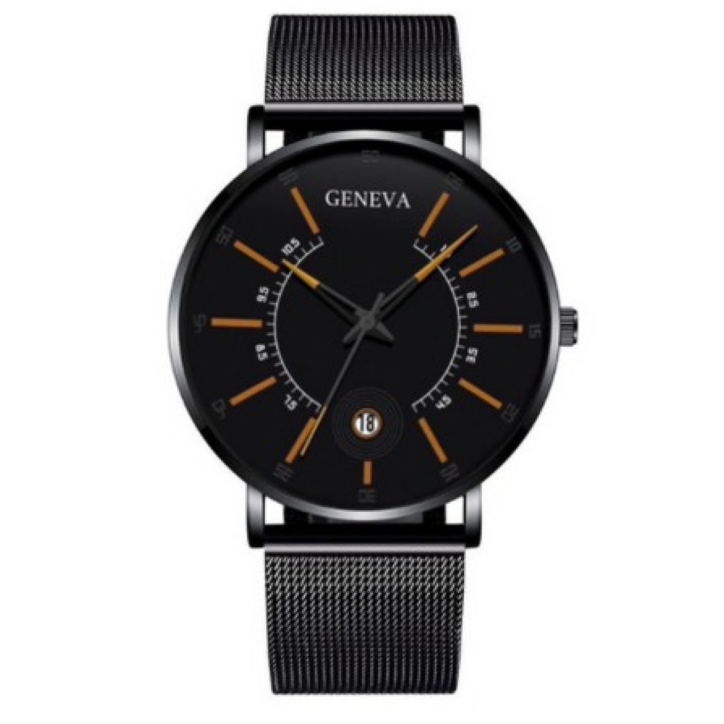 Hidzo Horloge Geneva - Met Datumaanduiding - ø 40 mm - Zwart/Oranje - Staal