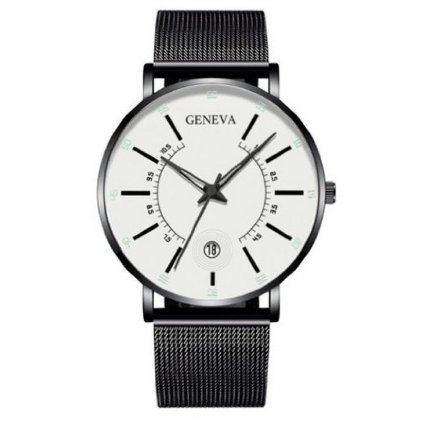 Hidzo Horloge Geneva - Met Datumaanduiding - ø 40 mm - Zwart/Wit - Staal