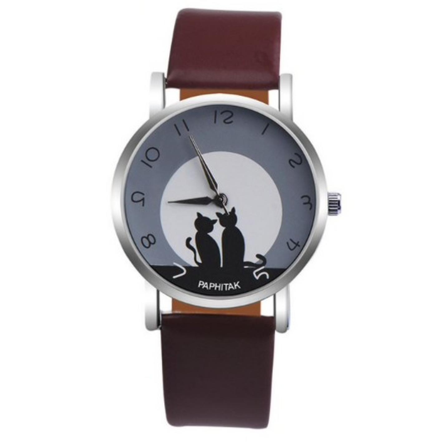 Hidzo Horloge Paphitak Katten - ø 37 mm - Donker Bruin - Kunstleer