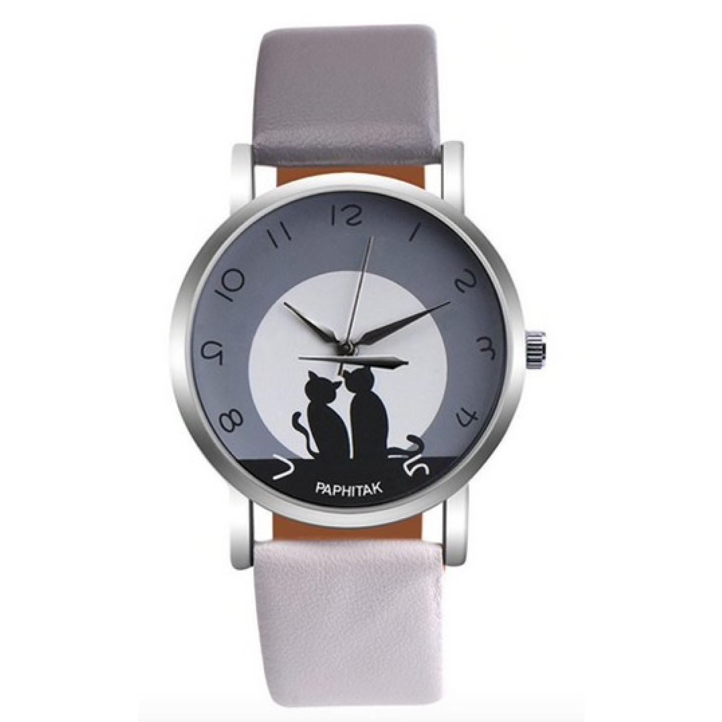 Hidzo Horloge Paphitak Katten - ø 37 mm - Grijs/Wit - Kunstleer
