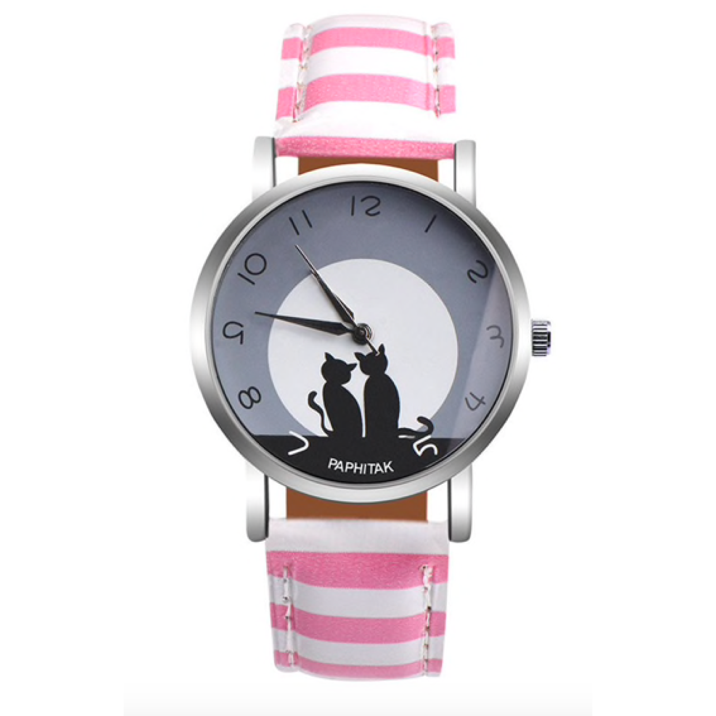 Hidzo Horloge Paphitak Katten - ø 37 mm - Roze/Wit Strepen - Kunstleer