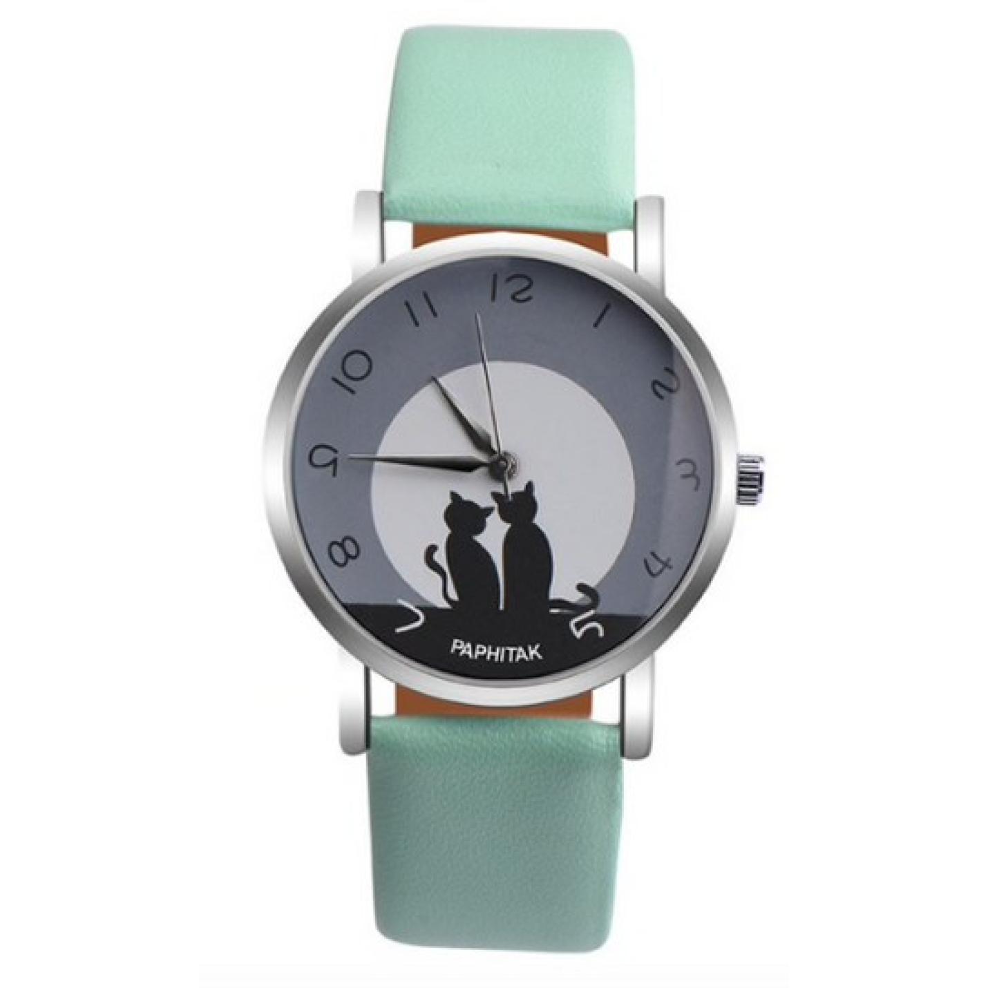 Hidzo Horloge Paphitak Katten - ø 37 mm - Turqoise - Kunstleer