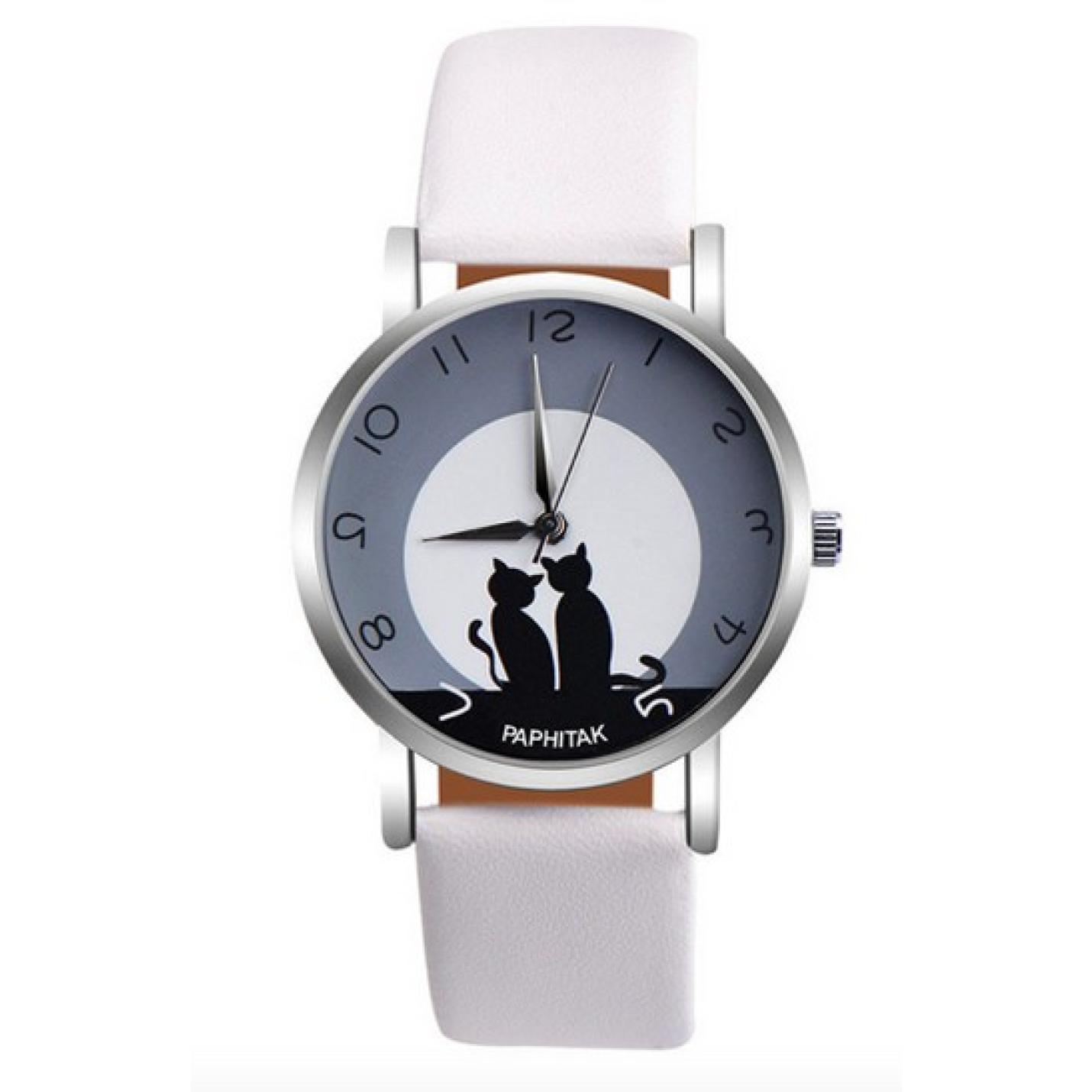 Hidzo Horloge Paphitak Katten - ø 37 mm - Wit - Kunstleer