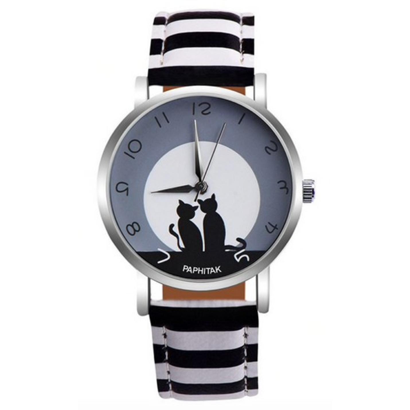 Hidzo Horloge Paphitak Katten - ø 37 mm - Zwart/Wit Strepen - Kunstleer
