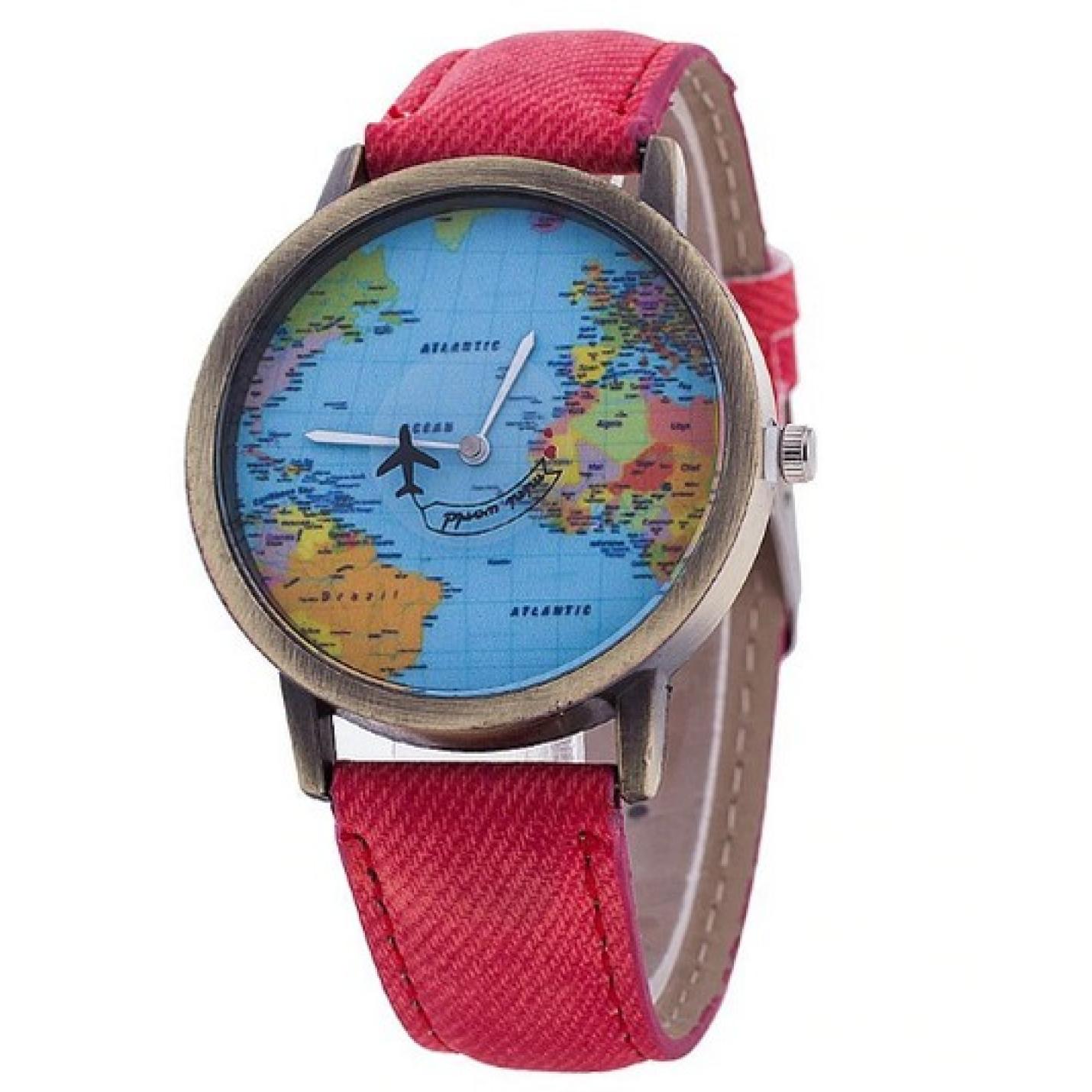 Hidzo Horloge Wereldkaart - Ø 38 mm - Rood - kunstleer