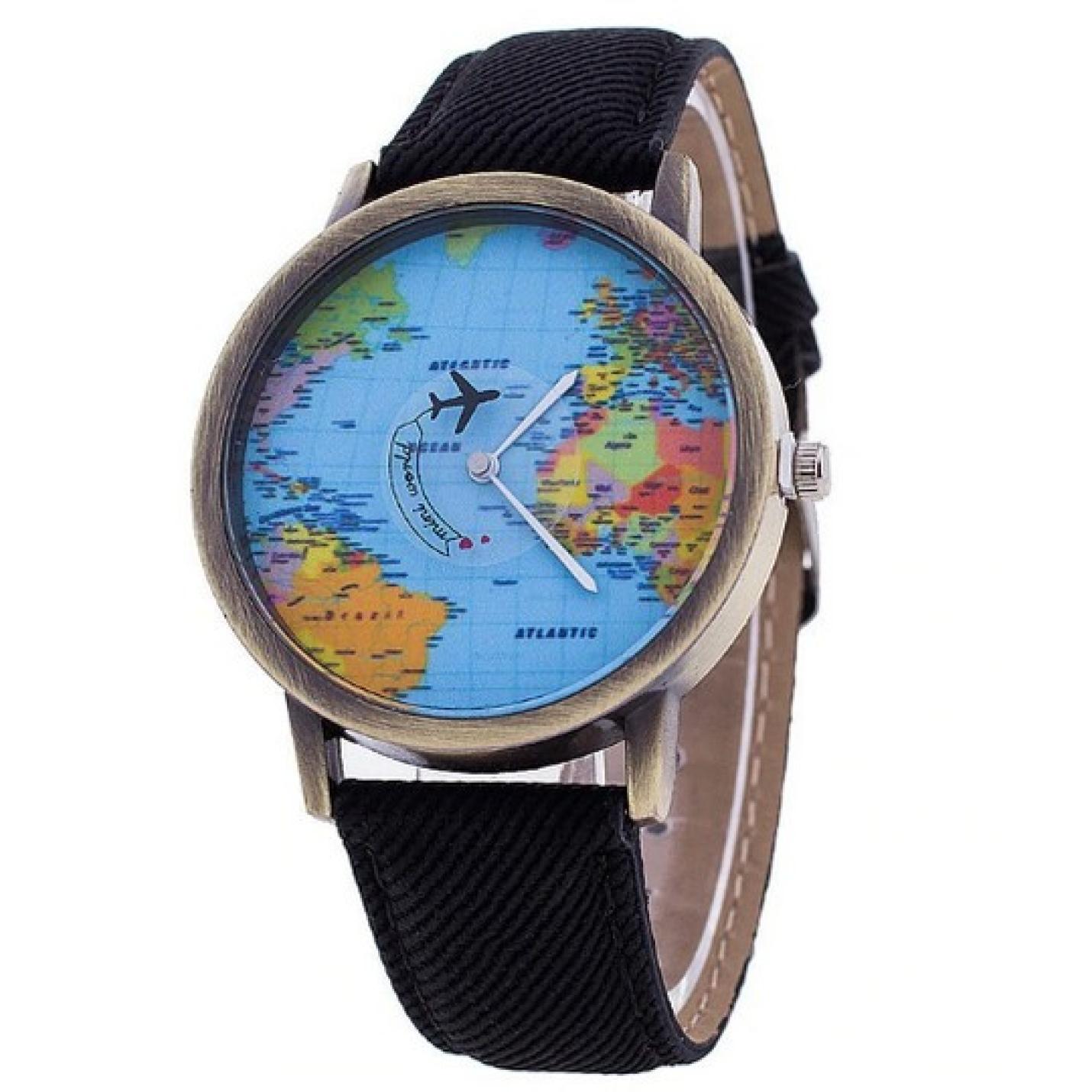 Hidzo Horloge Wereldkaart - Ø 38 mm - Zwart - kunstleer