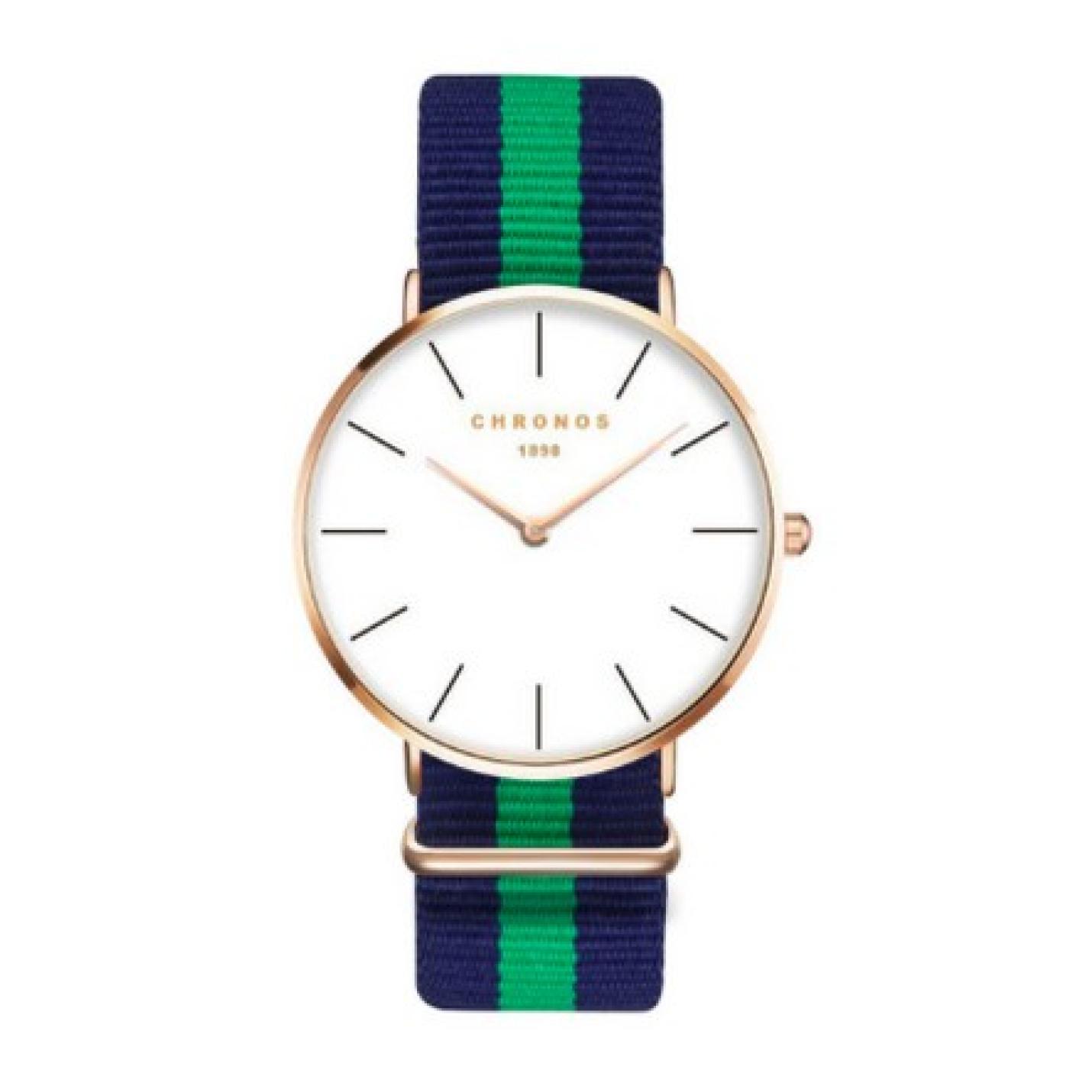 Hidzo Horloge Chronos ø 37 mm - Blauw/Groen/Blauw - Inclusief horlogedoosje