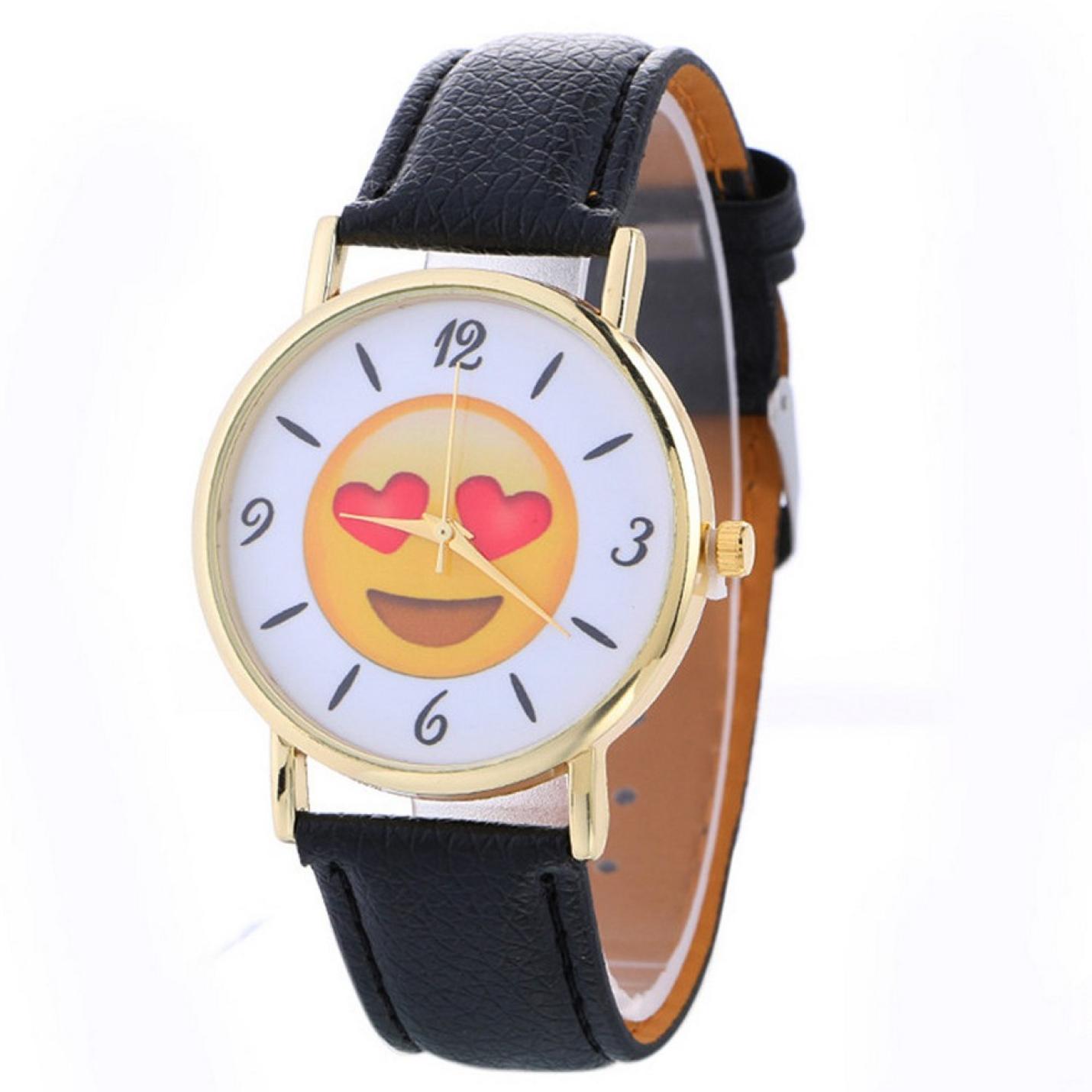 Hidzo Horloge Smiley ø 37 mm - Zwart - Kunstleer