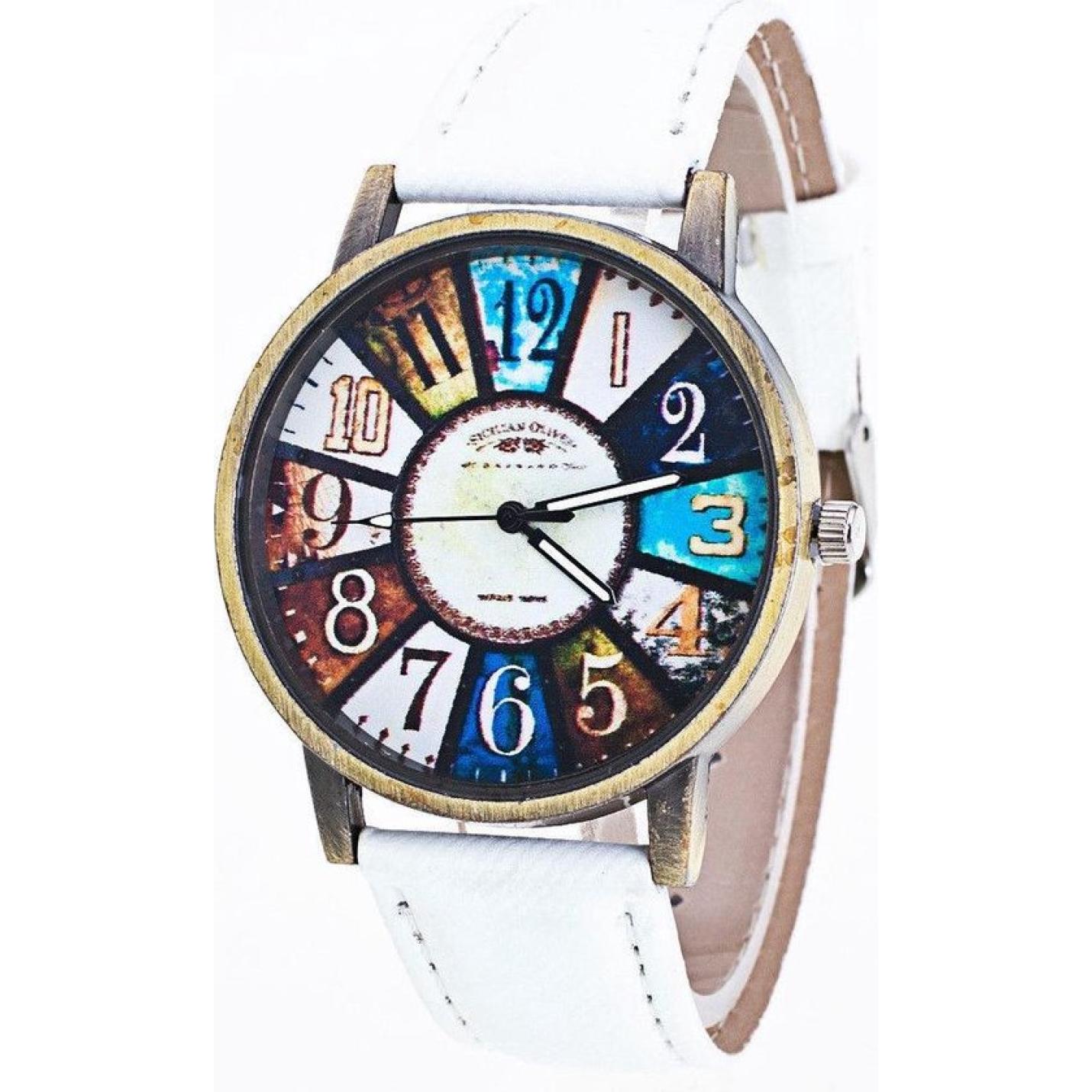 Wit vintage horloge met 12 gekleurde vlakken
