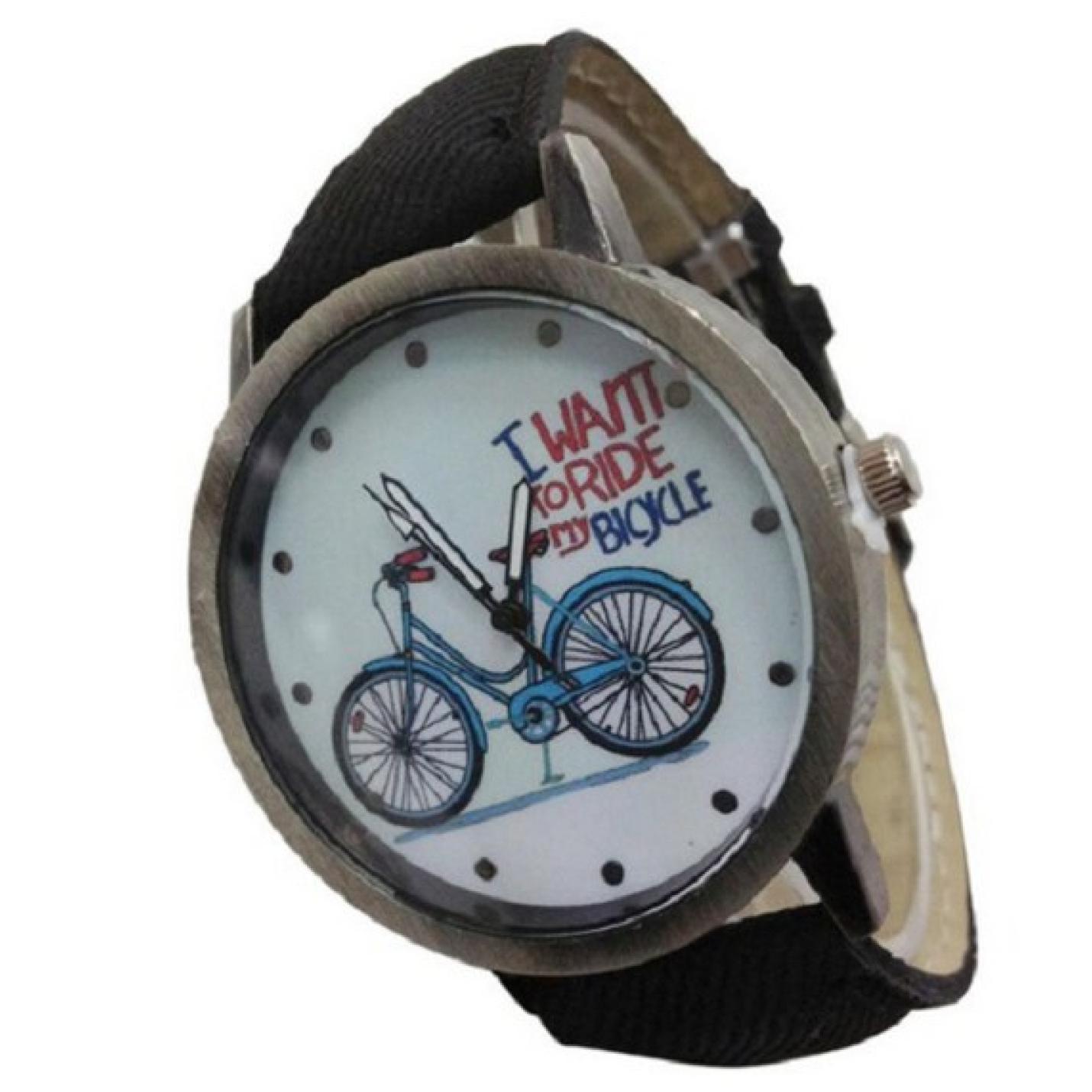 Hidzo Horloge I Want To Ride My Bicycle ø 37 mm - Zwart - Kunstleer