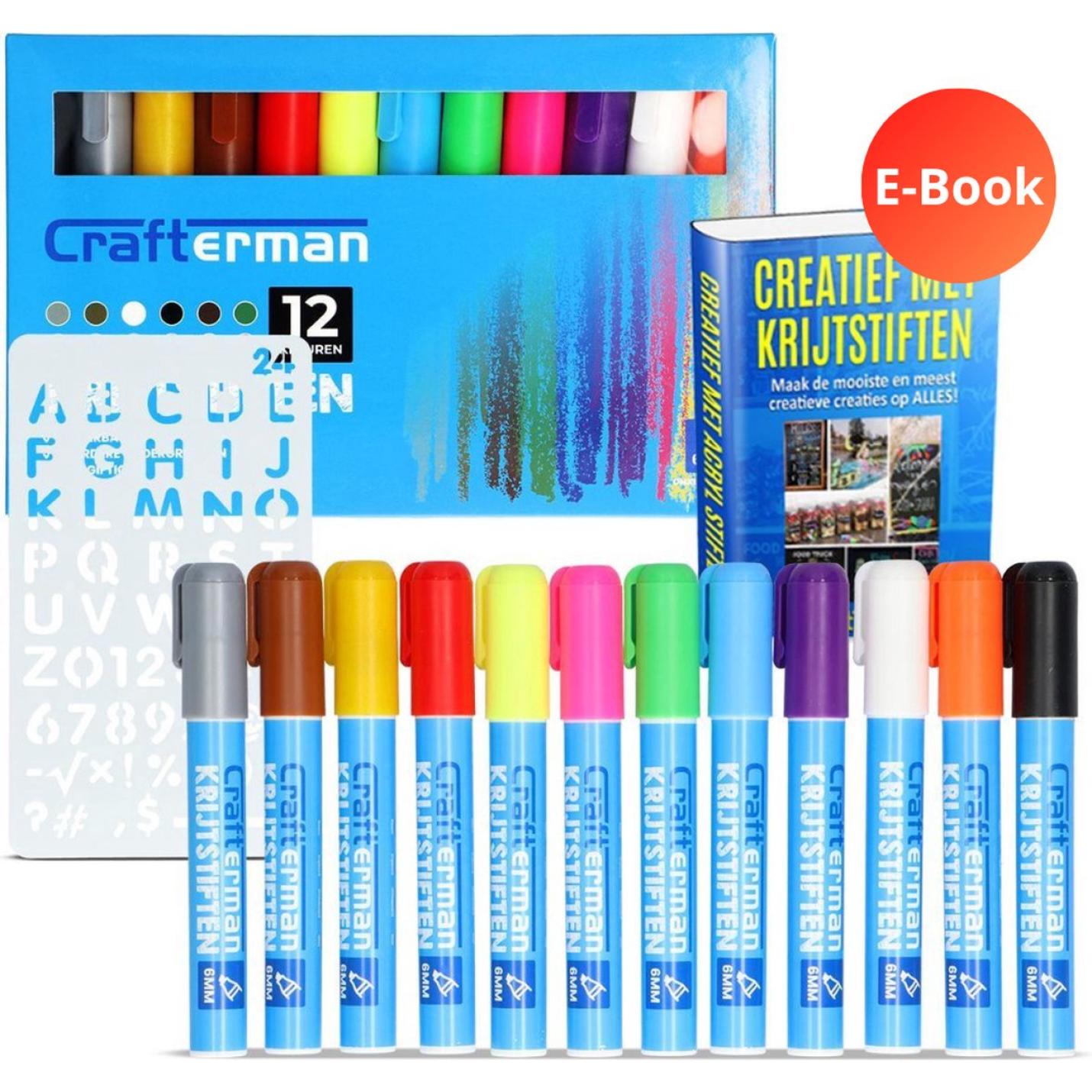 Crafterman Krijtstiften - Raamstiften - glasstiften - whiteboard / krijtbord stiften - markers 12 stuks - met stencil & e-Book Essntials | Webshoplocatie.nl