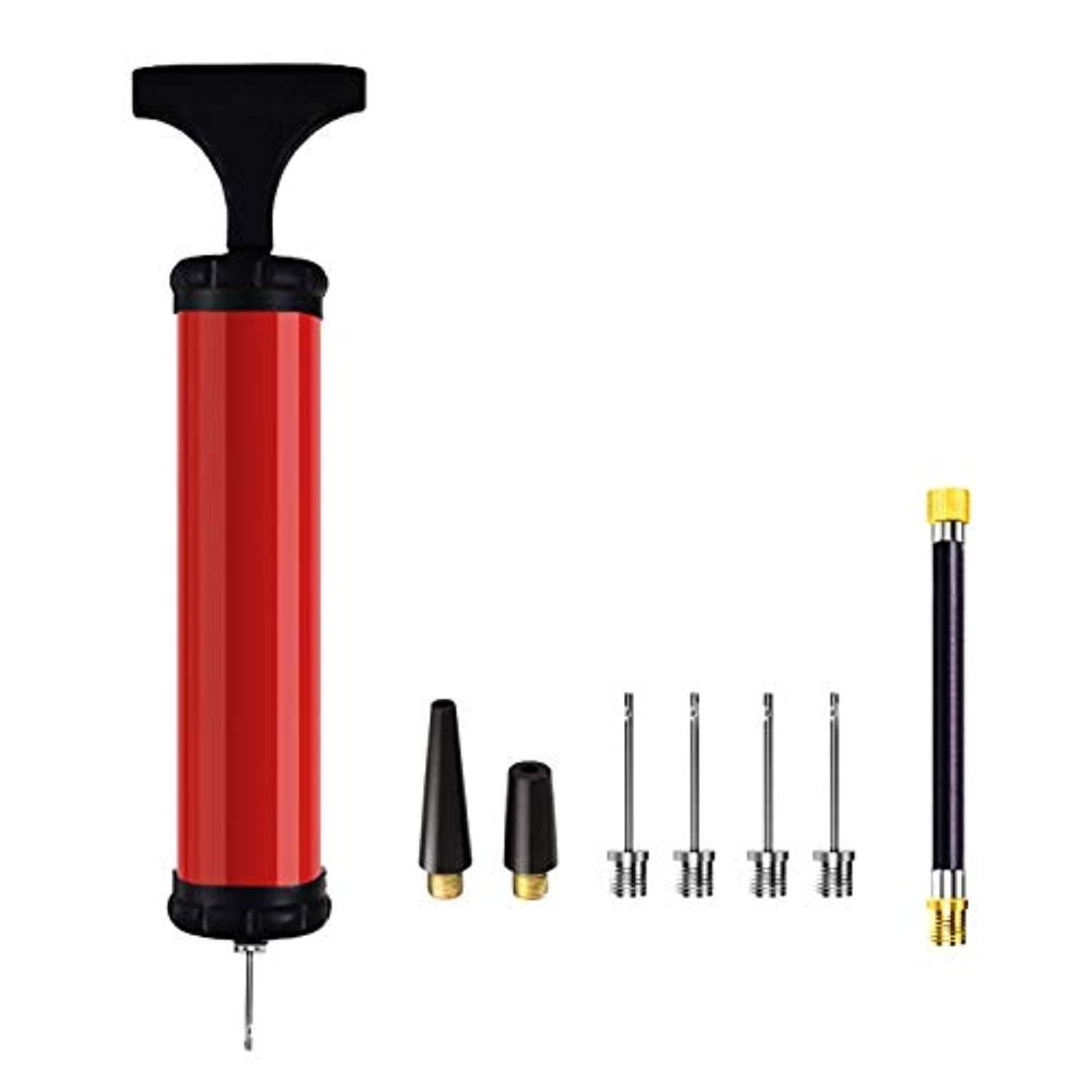 Draagbare balpomp, luchtpomp inflator kit met naald, mondstuk, verlengslang handpompen voor basketbal, voetbal, volleybal, water polo, rugby, oefening sport bal, ballon, zwem attributen,  rood 