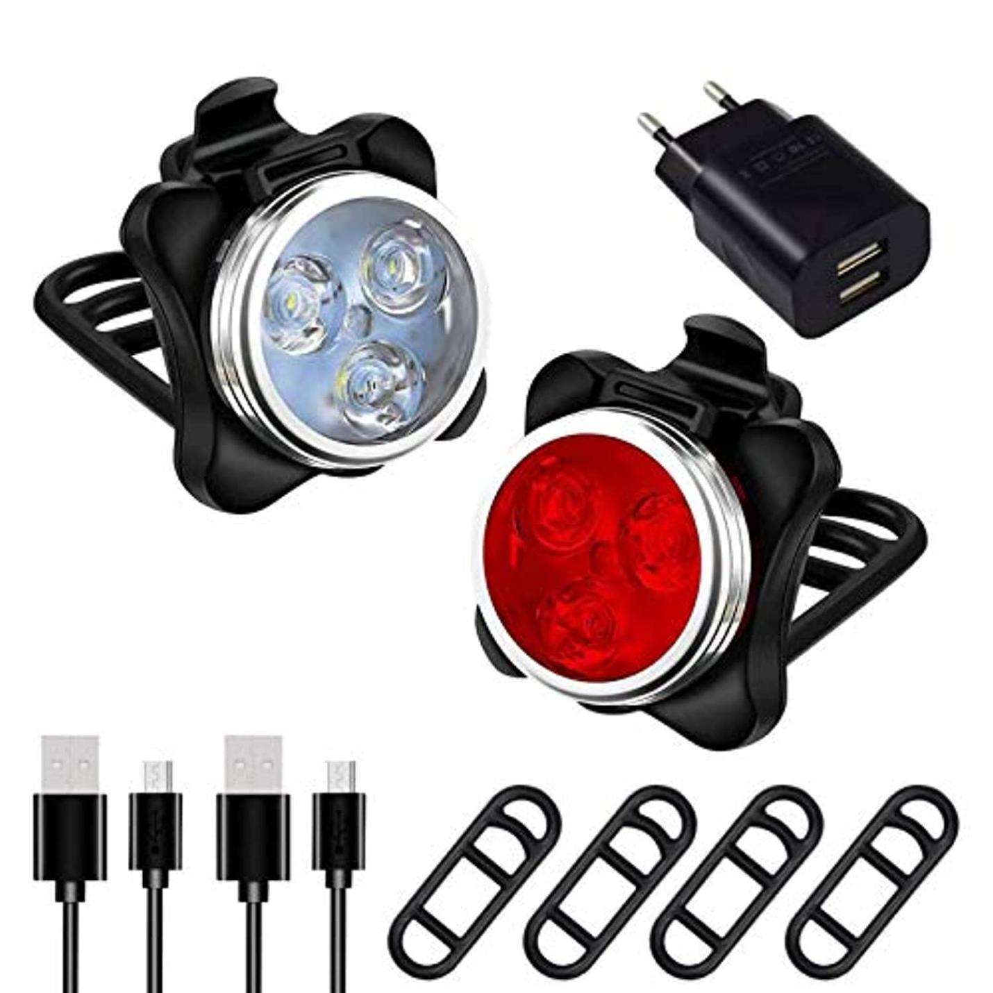 Fietsverlichting 400LM, LED Bike Light Set met 5V2A Lader,4 Helderheid Modi, Schokbestendig USB-verlichting, Waterdicht Voor en Achterlicht voor Mountainbike, Fietsen, Wandelwagen, Camping 