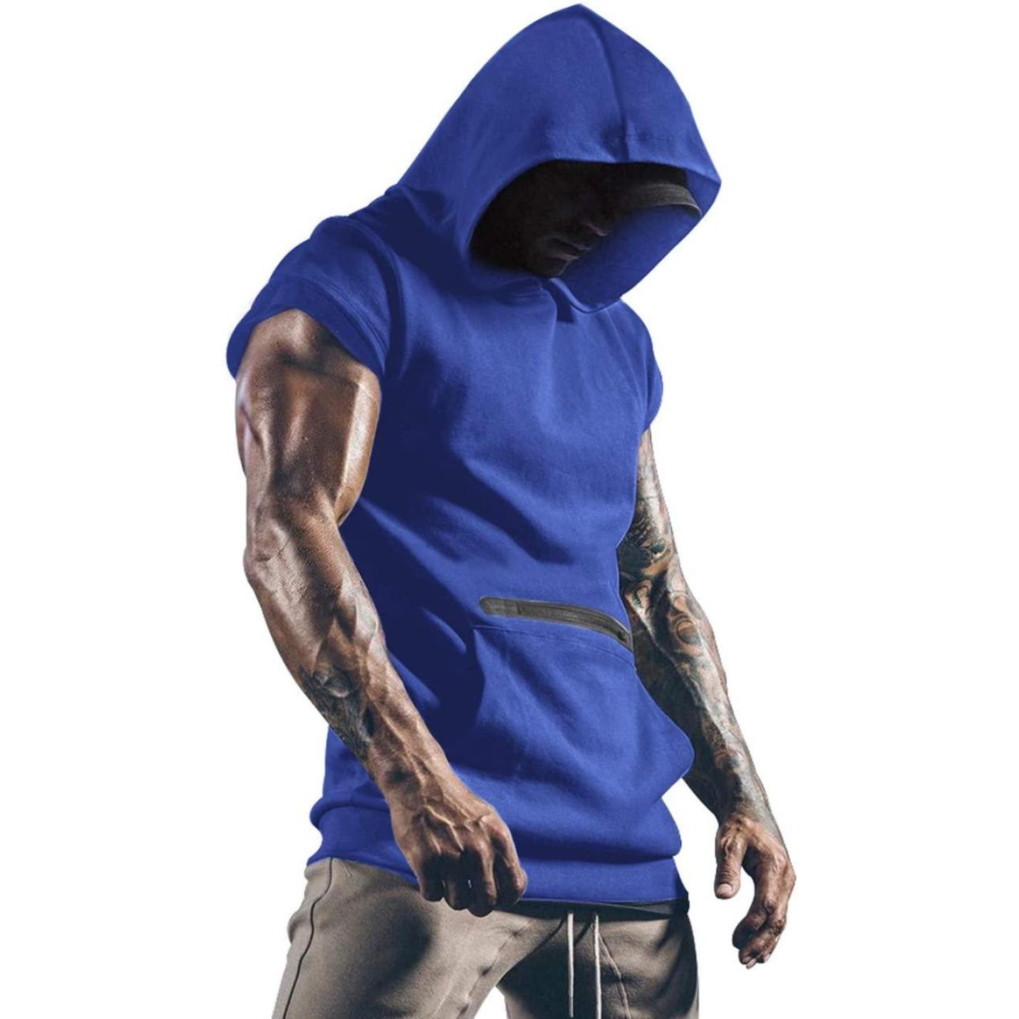 Heren Gym Tank Tops Sport T Shirt Dunne Fitness Spiervest Mouwloos Hoodies met Zakken Blauw  XL