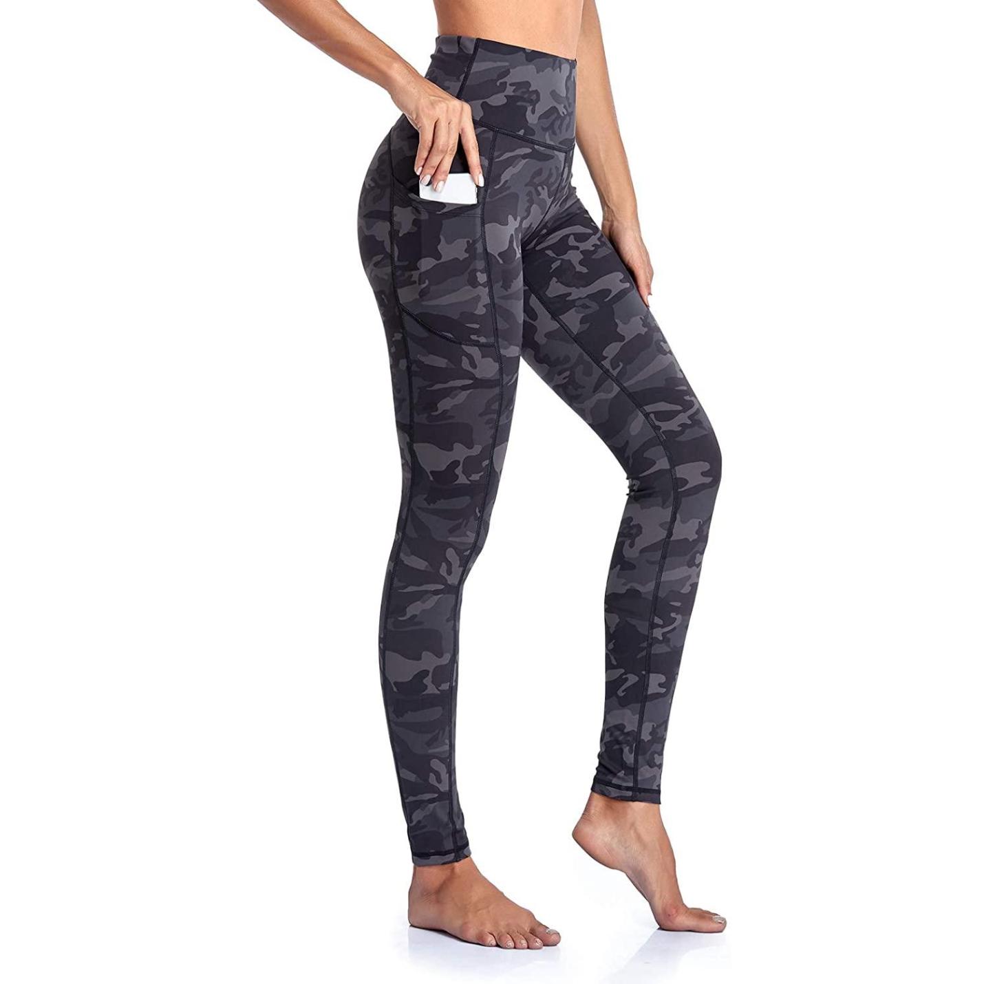 Hoge Taille Legging Dames Sport Fitness Yoga Broek Lange Ondoorzichtige Legging Yoga Broek Sportbroek Leggings Fitness Broek met Zakken Camouflage grijs  S