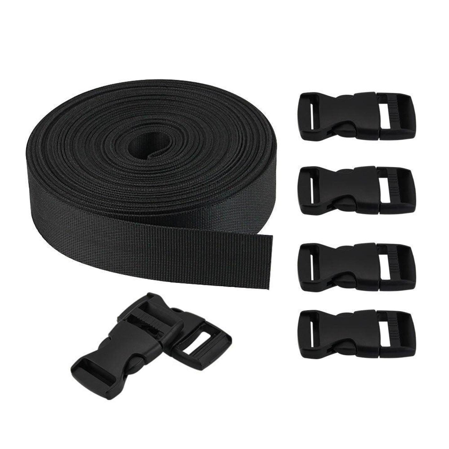 meter nylon band 25 mm, met 6 paar kliksluitingen, kunststof clipsluiting, steekgesp voor rugzak, tas zwart | Webshoplocatie.nl