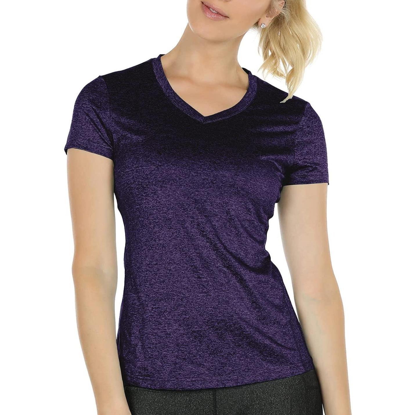 Dames sportshirt loopshirt V-hals ademend fitness yoga T-shirt gym bovenstuk korte mouwen XXL  Paars