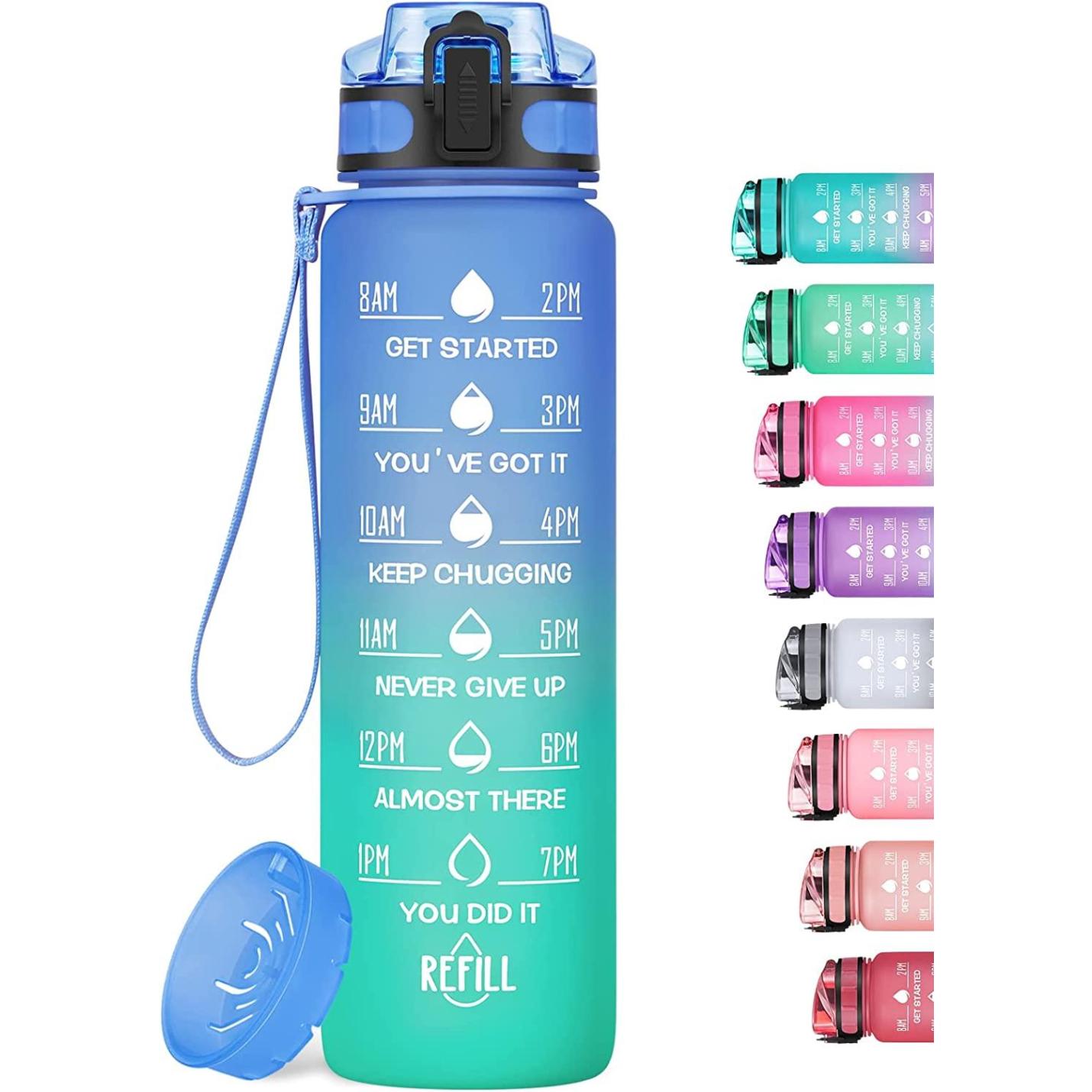 Drinkfles, 1 liter, lekvrij, BPA-vrij, Tritan waterfles fruitfilter en motivatietijdmarkering, geschikt voor koolzuur, drinkfles voor kinderen, fiets, school, fitness Ombre: Aquamarijn Happygetfit | Webshoplocatie.nl