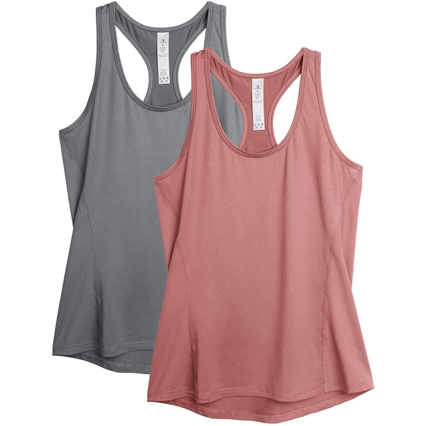 Dames 2-pack sport tank top racerback yoga bovenstuk fitness gym shirts L  grijsrokerig roze.