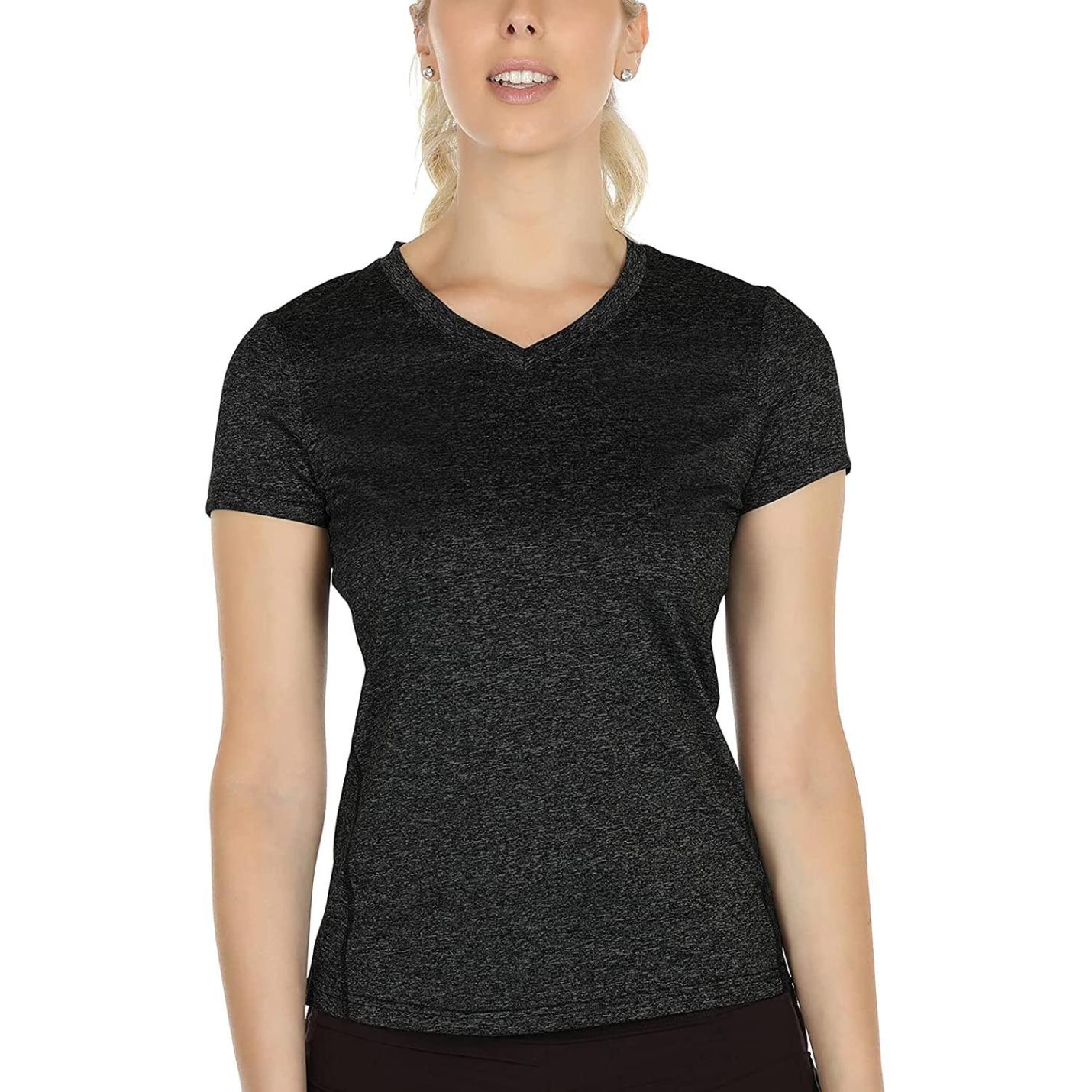 Dames sportshirt loopshirt V-hals ademend fitness yoga T-shirt gym bovenstuk korte mouwen L  Zwart