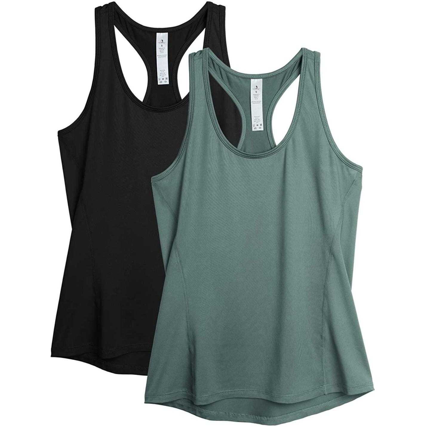 Dames 2-pack sport tank top racerback yoga bovenstuk fitness gym shirts XL  zwartrokerig groen.