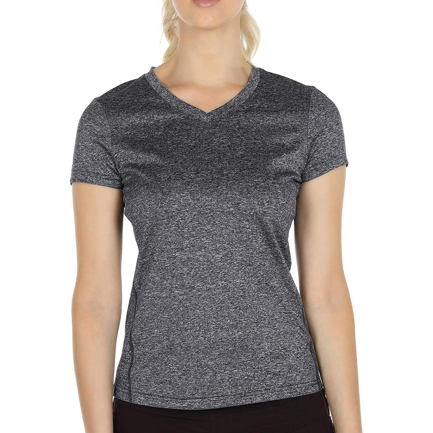 Dames sportshirt loopshirt V-hals ademend fitness yoga T-shirt gym bovenstuk korte mouwen L  donkergrijs