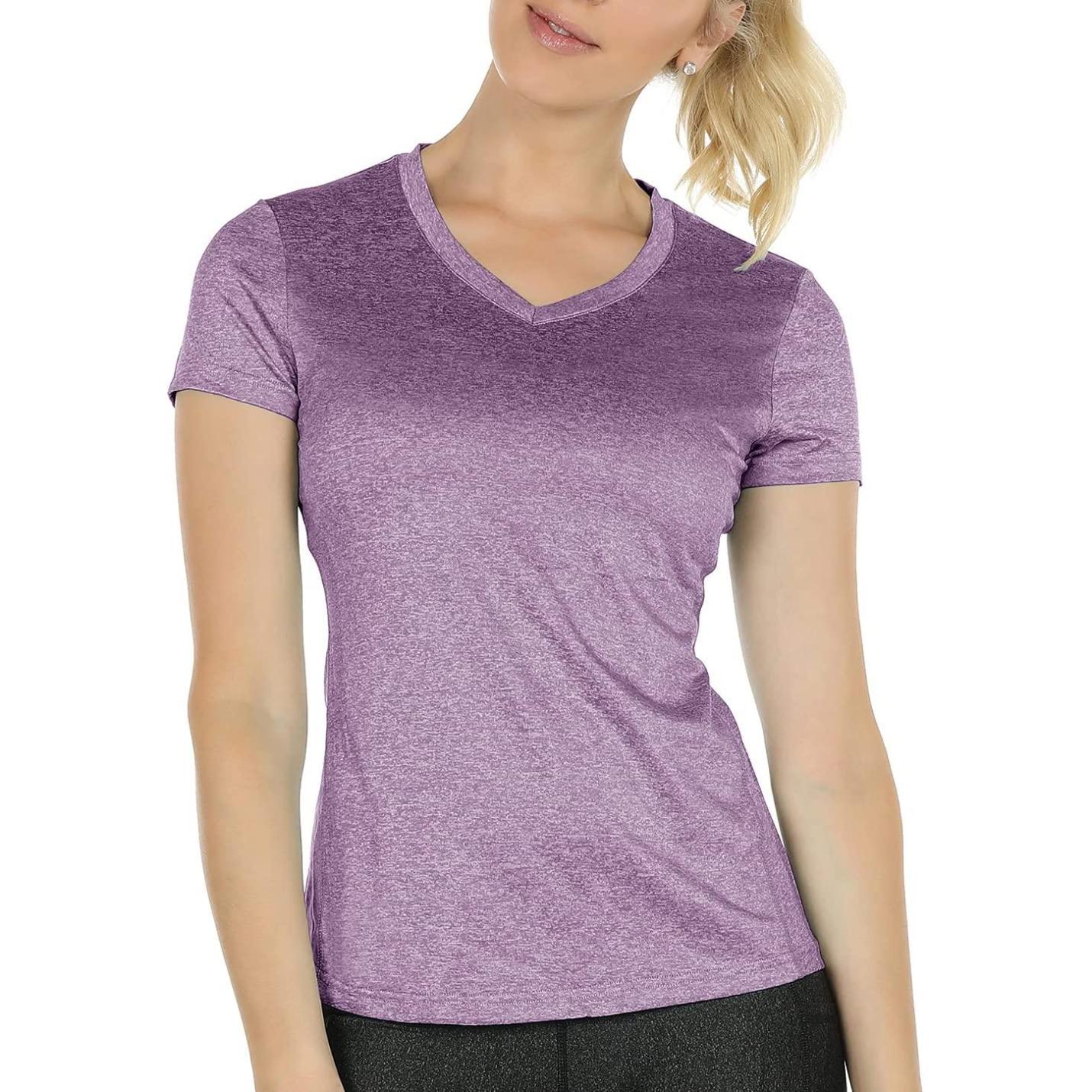 Dames sportshirt loopshirt V-hals ademend fitness yoga T-shirt gym bovenstuk korte mouwen L  Lavender*