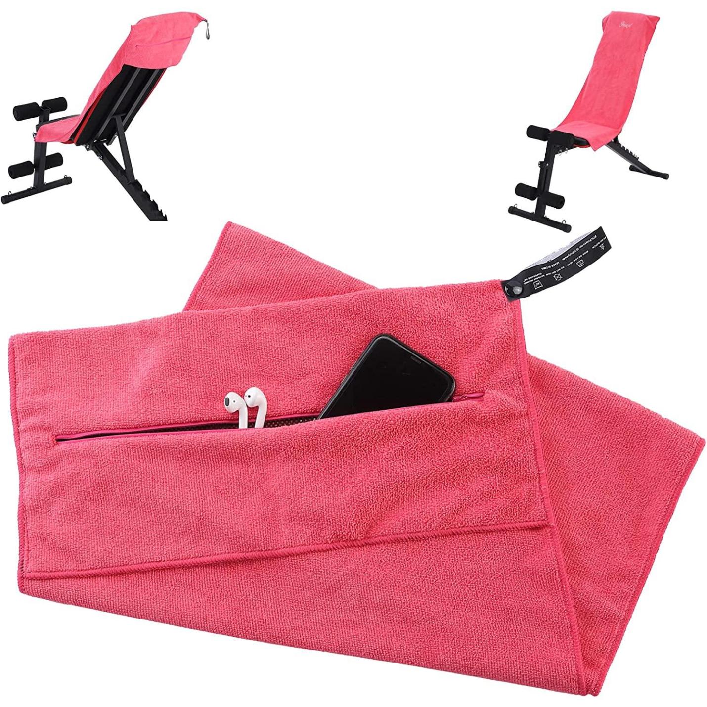 Fitness handdoek, sporthanddoek, microvezel handdoek, Gym badhanddoek met zak met ritssluiting zak, anti-slip fixatie, microvezel, ultra absorberend voor sportschool outdoor sport Roze