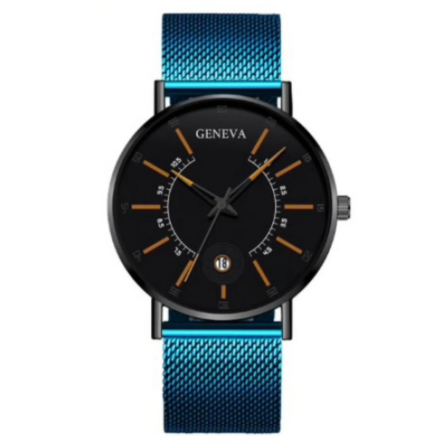 Hidzo Horloge Geneva - Met Datumaanduiding - Ø 40 mm - Blauw/Oranje - Staal